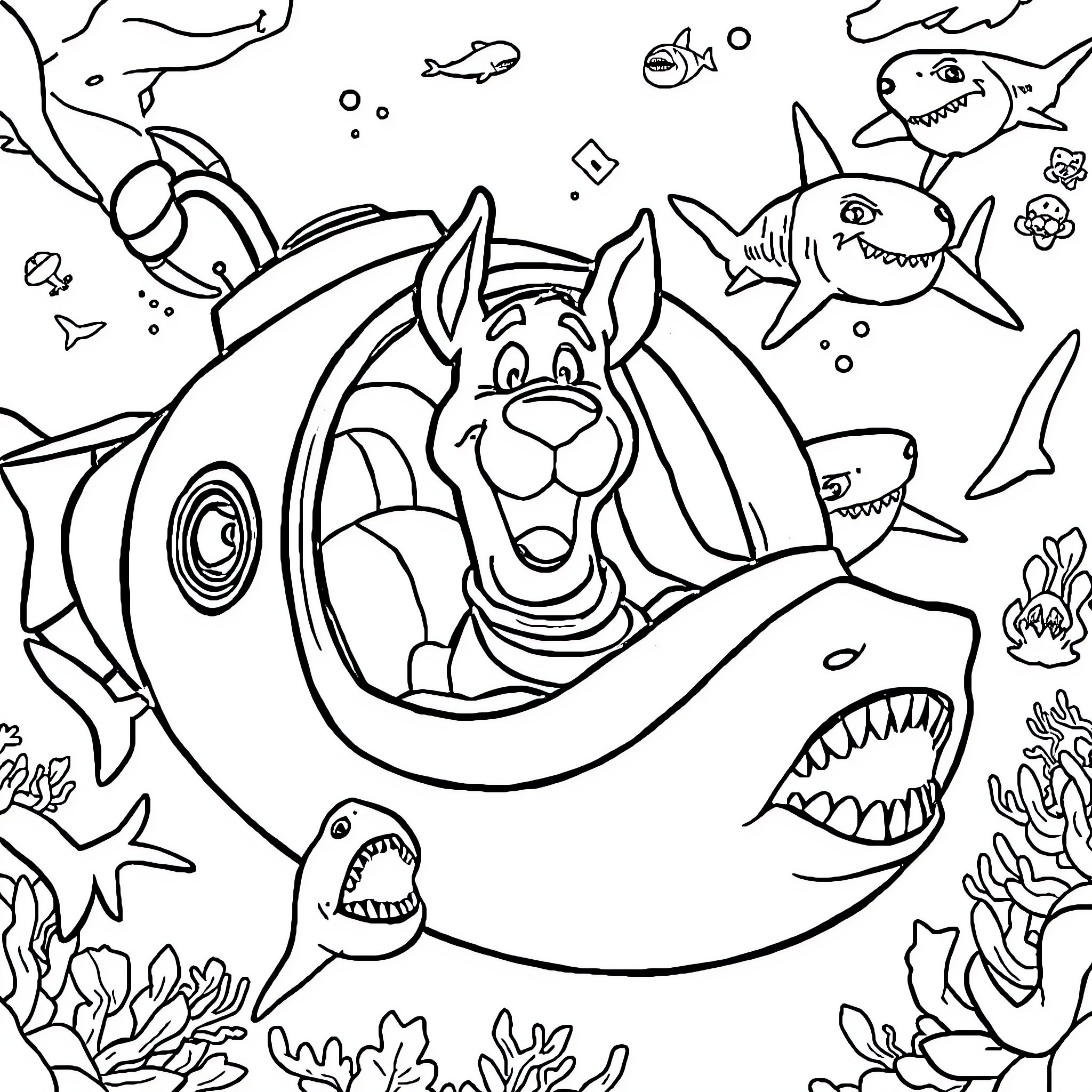 Scooby Doo underwater adventure with sharks and fish Coloring Page (free black-and-white line drawing printable PDF for all, from beginners to advanced learners, including children, teens, adults, and seniors)
