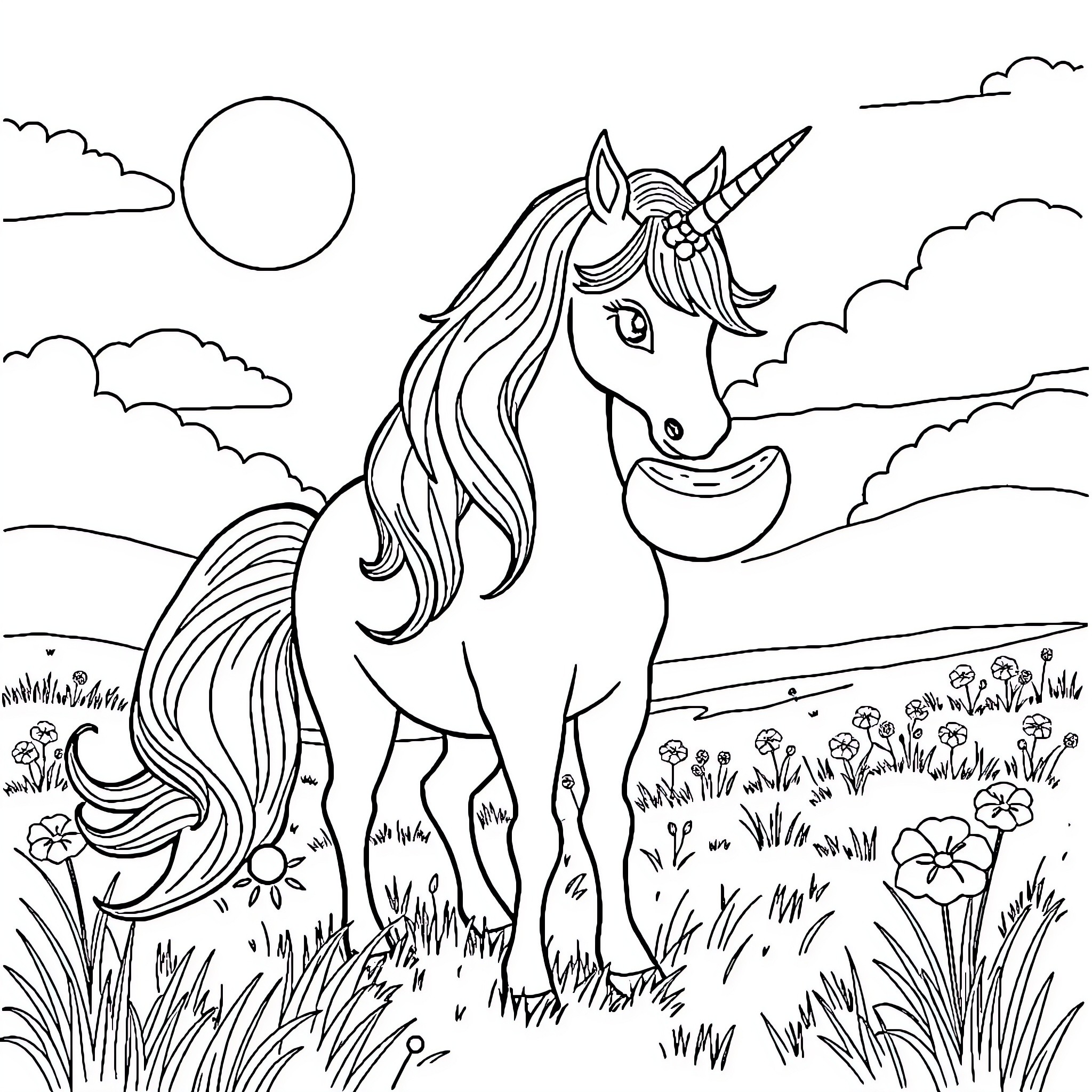 Unicorn standing majestically in a grassy field Coloring Page (free black-and-white line drawing printable PDF for all, from beginners to advanced learners, including children, teens, adults, and seniors)