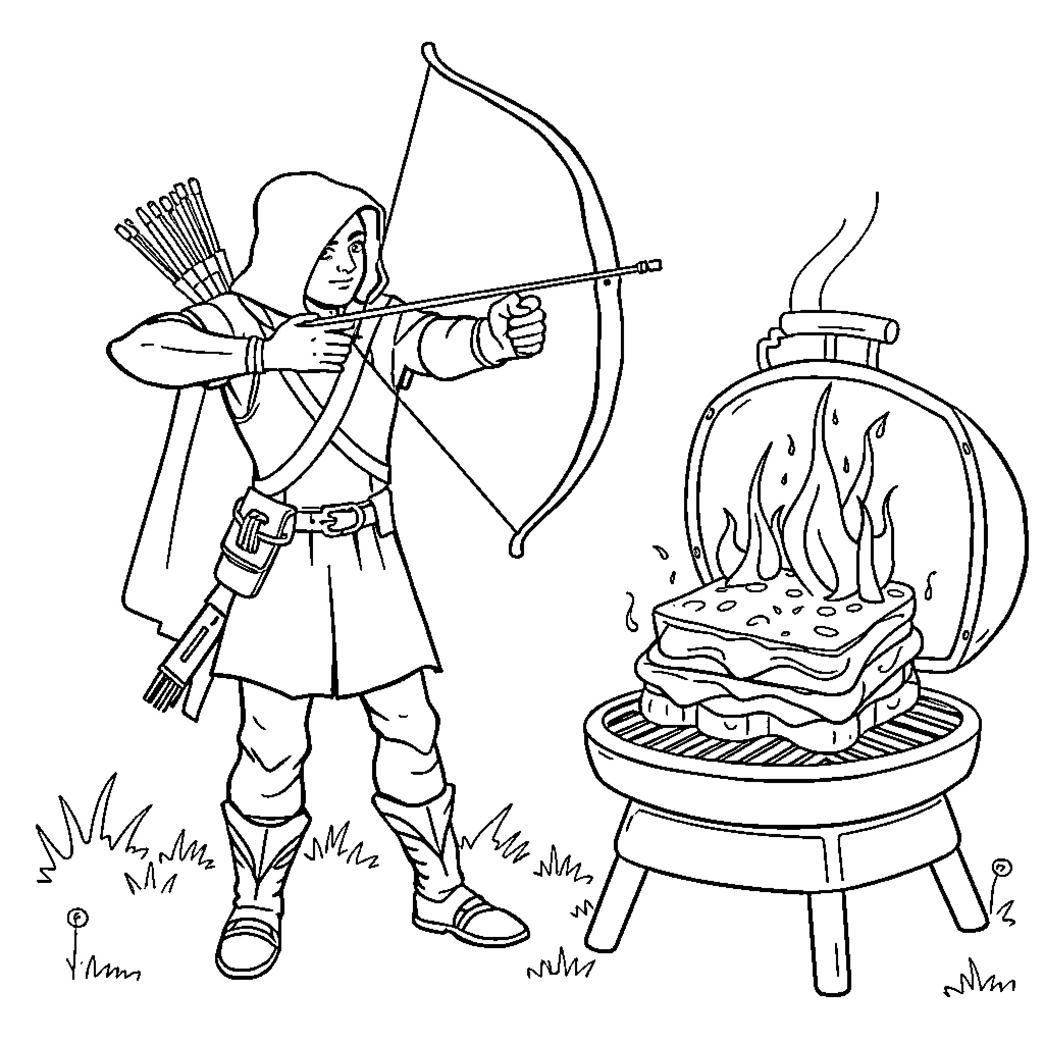 Archer preparing to fire arrows at a campfire Coloring Page (free black-and-white line drawing printable PDF for all, from beginners to advanced learners, including children, teens, adults, and seniors)