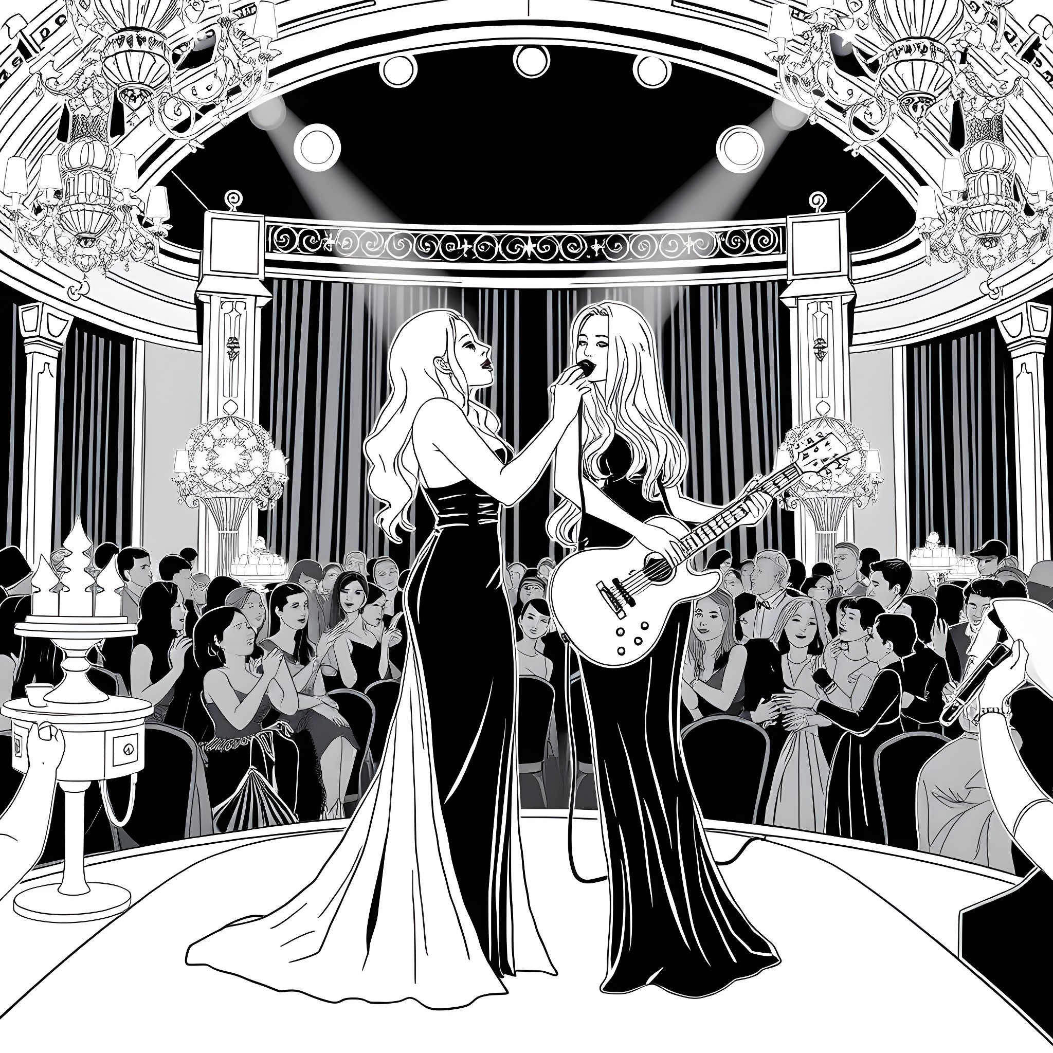 Lady Gaga's Glamorous Stage Performance Coloring Page (free black-and-white line drawing printable PDF for all, from beginners to advanced learners, including children, teens, adults, and seniors)