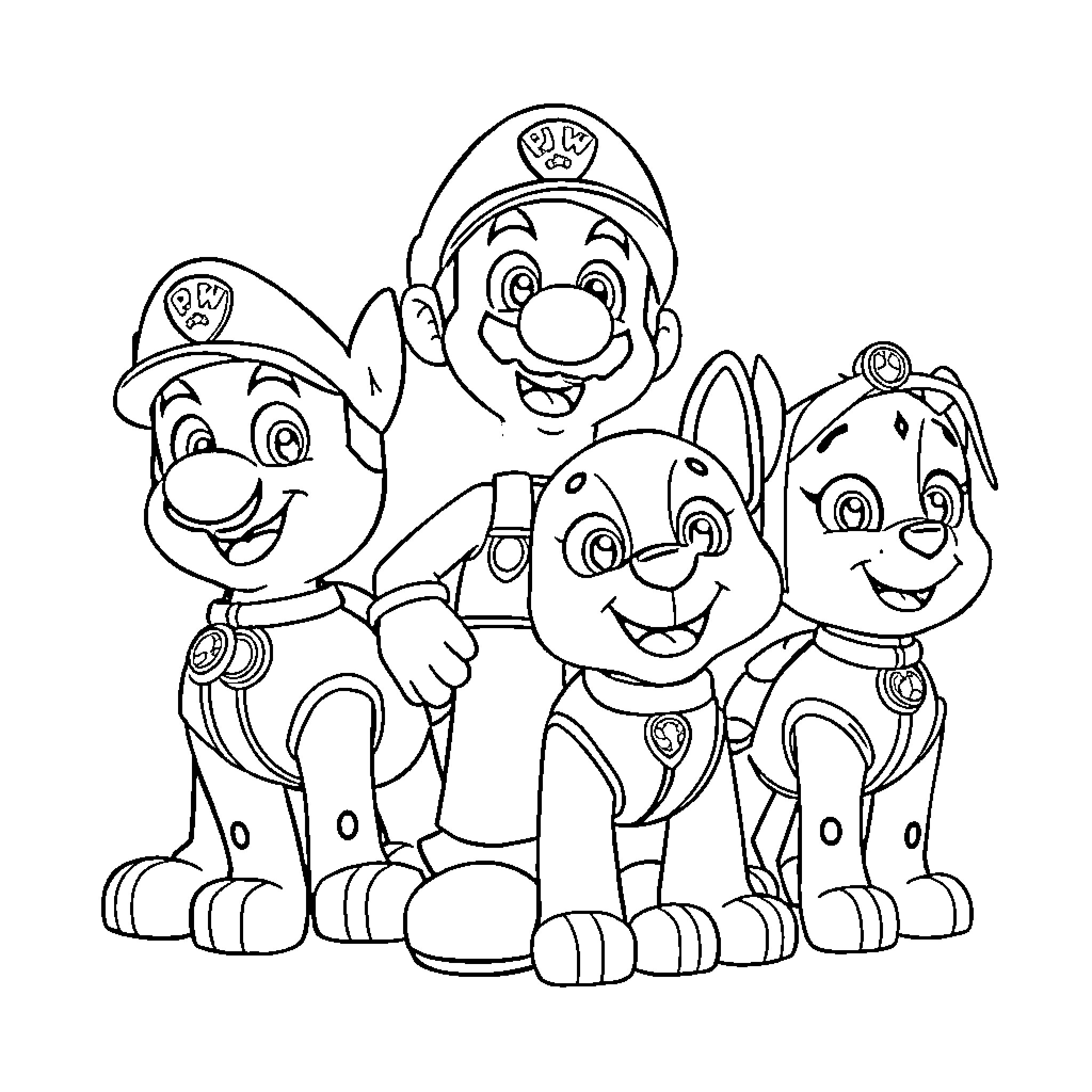 Mario and Paw Patrol Pups in Uniform Coloring Page (free black-and-white line drawing printable PDF for all, from beginners to advanced learners, including children, teens, adults, and seniors)