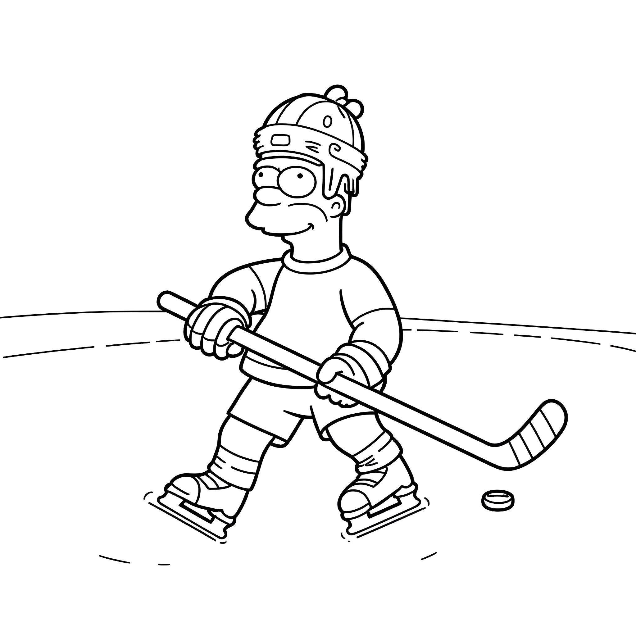 Homer Simpson playing hockey on the ice rink Coloring Page (free black-and-white line drawing printable PDF for all, from beginners to advanced learners, including children, teens, adults, and seniors)