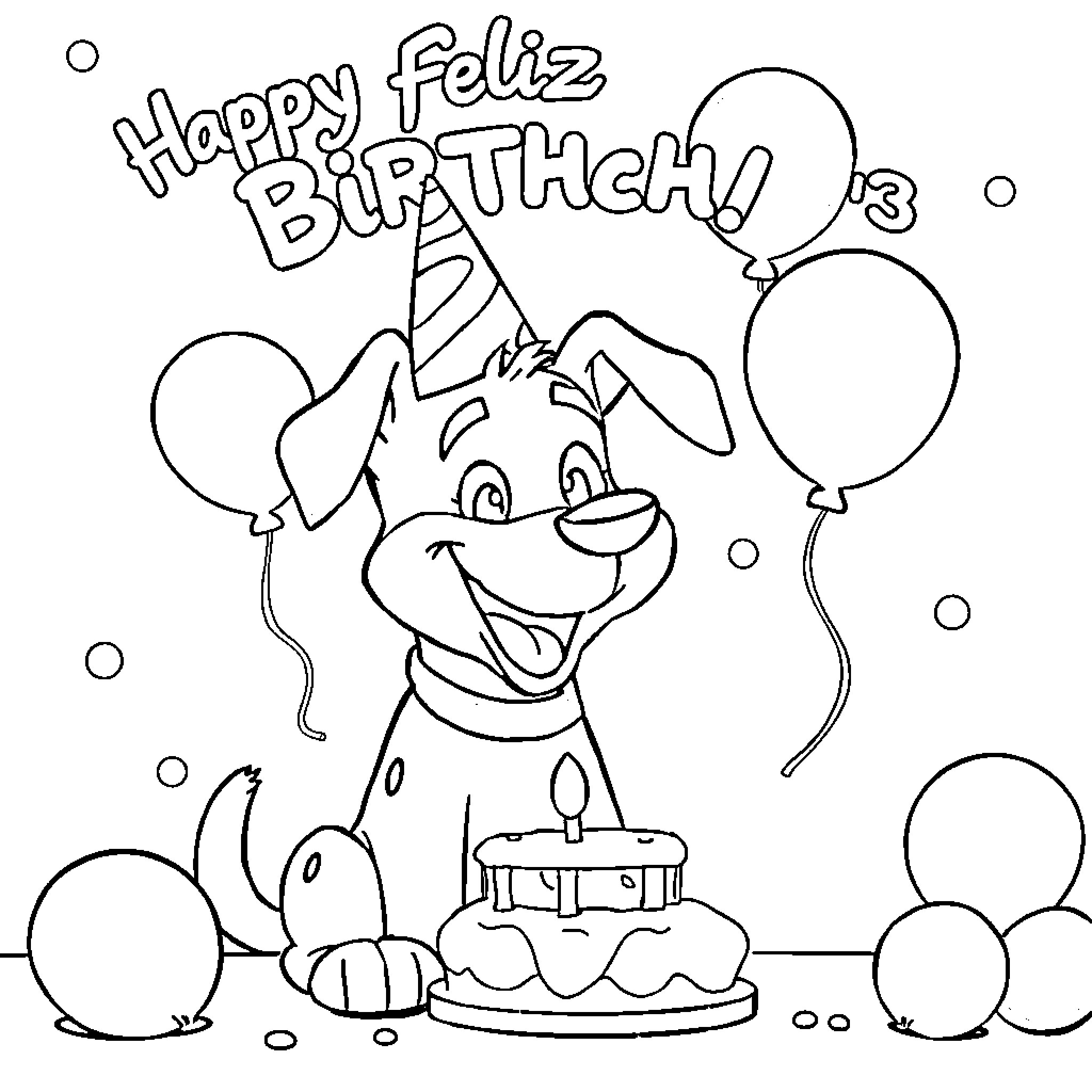 Bluey's Happy Birthday Celebration Coloring Page (free black-and-white line drawing printable PDF for all, from beginners to advanced learners, including children, teens, adults, and seniors)