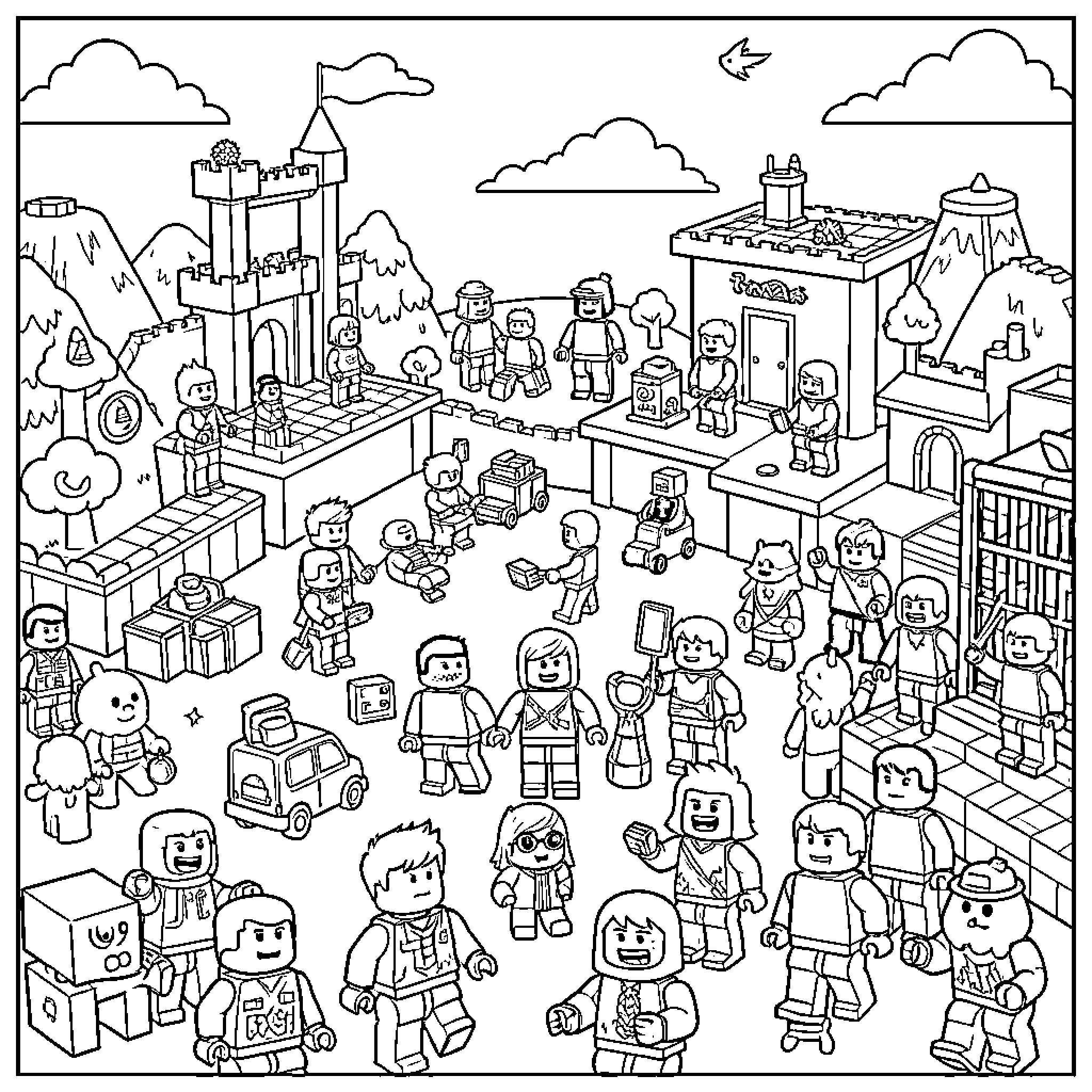 Roblox Characters in Lively Playful Scene Coloring Page (free black-and-white line drawing printable PDF for all, from beginners to advanced learners, including children, teens, adults, and seniors)
