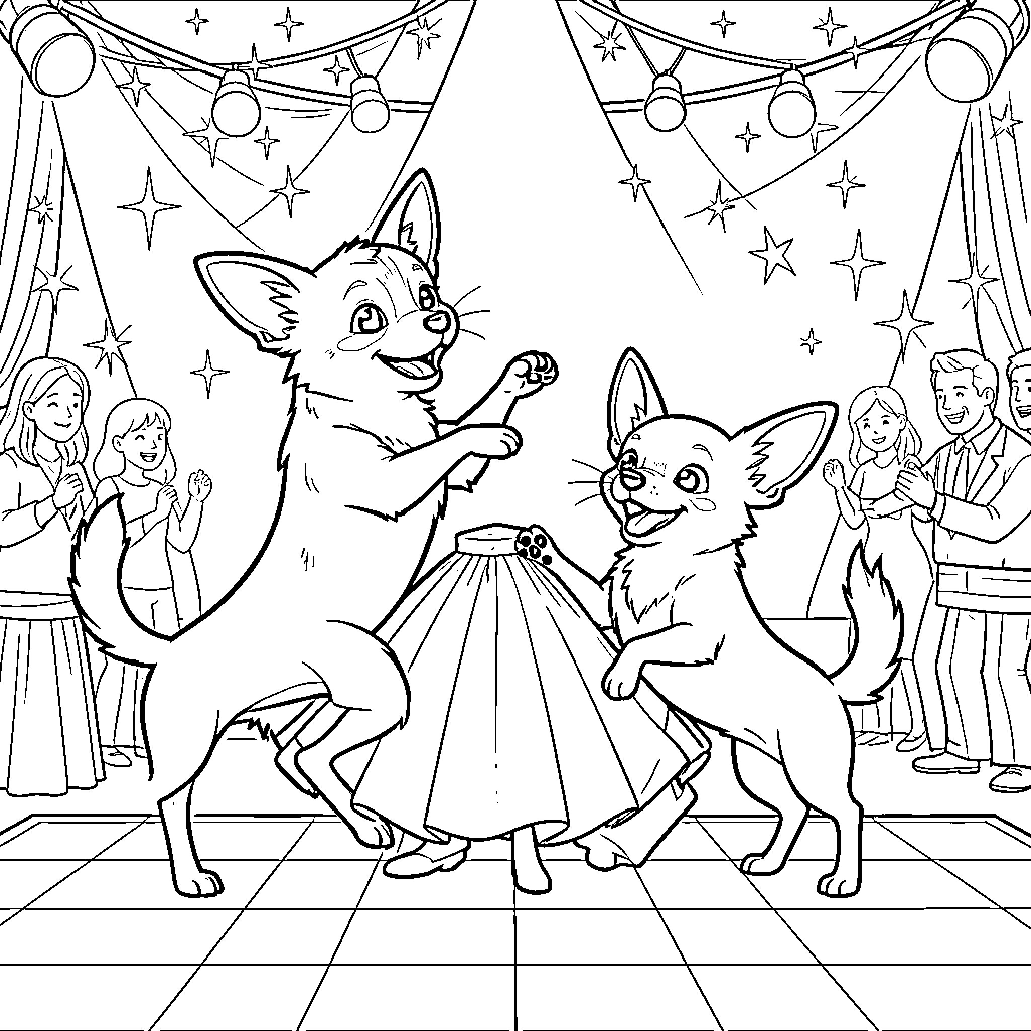 Dog performing a joyful dance on a stage Coloring Page (free black-and-white line drawing printable PDF for all, from beginners to advanced learners, including children, teens, adults, and seniors)