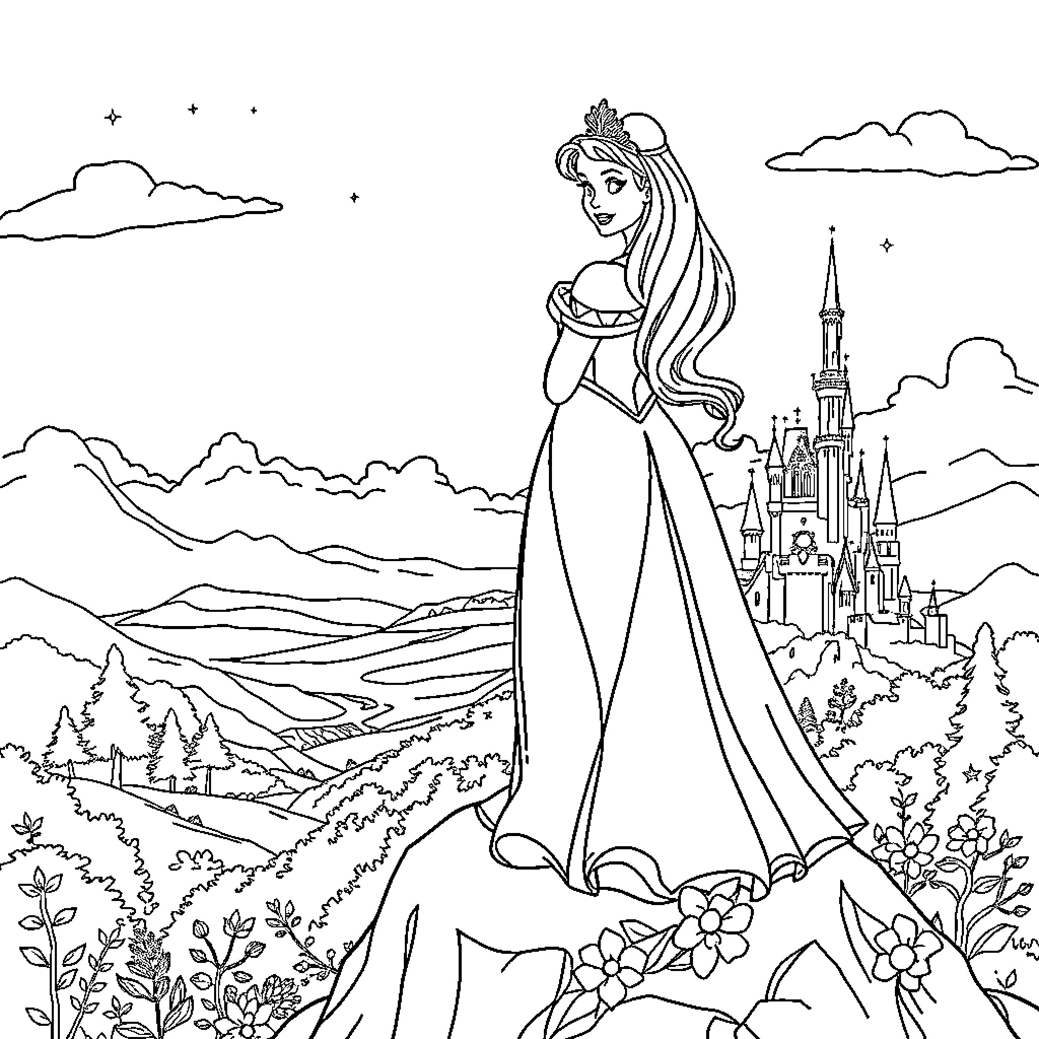 Disney Princess in Majestic Castle Landscape Coloring Page (free black-and-white line drawing printable PDF for all, from beginners to advanced learners, including children, teens, adults, and seniors)