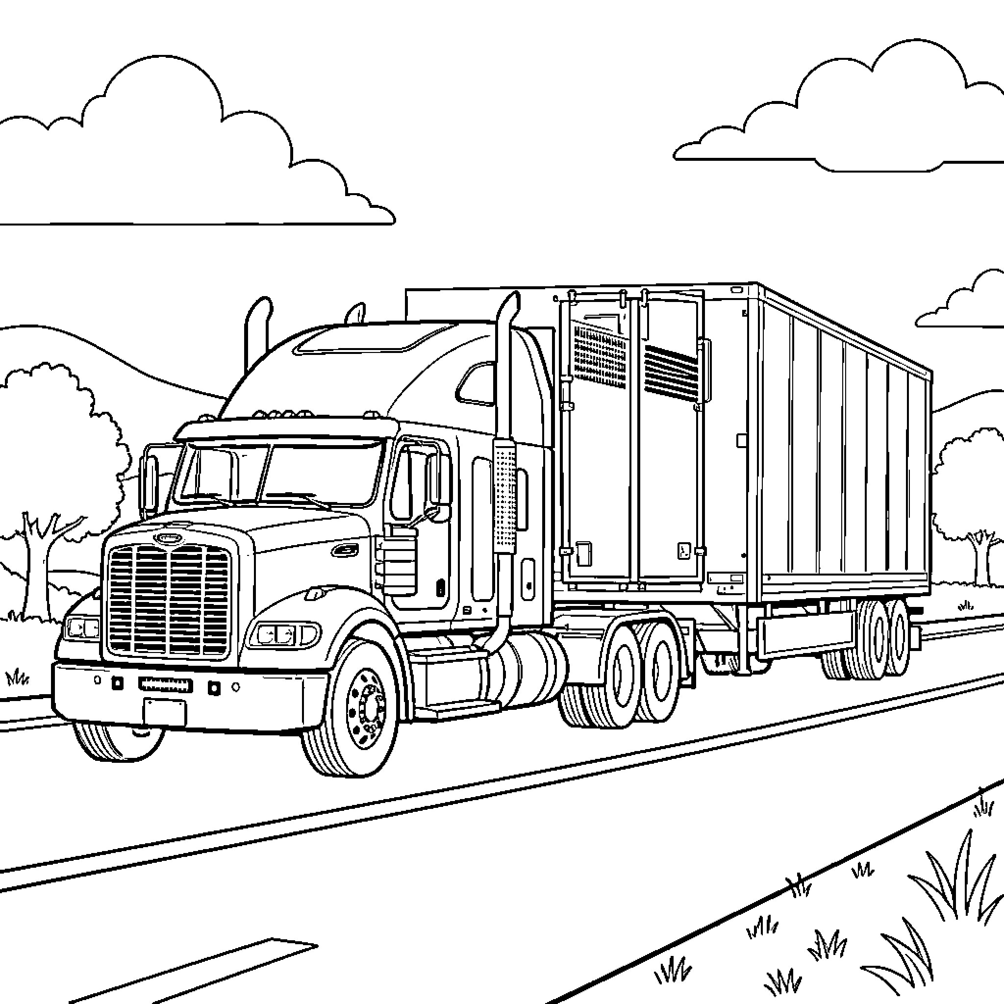 Thermo King semi truck driving on a highway Coloring Page (free black-and-white line drawing printable PDF for all, from beginners to advanced learners, including children, teens, adults, and seniors)