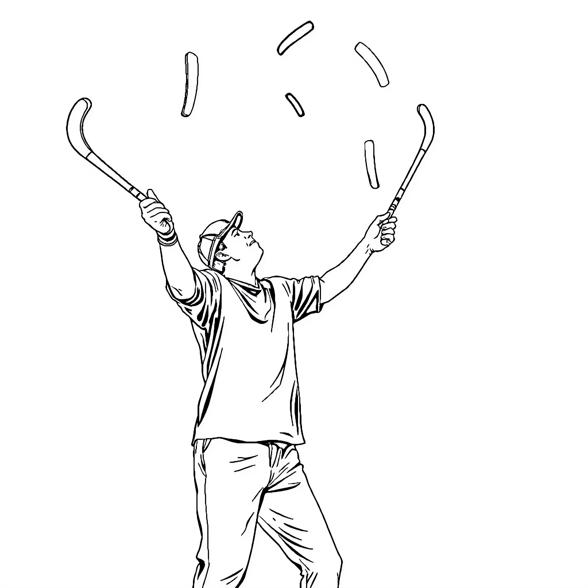 Hockey Stick Juggling Performer Showcasing Talent Coloring Page (free black-and-white line drawing printable PDF for all, from beginners to advanced learners, including children, teens, adults, and seniors)