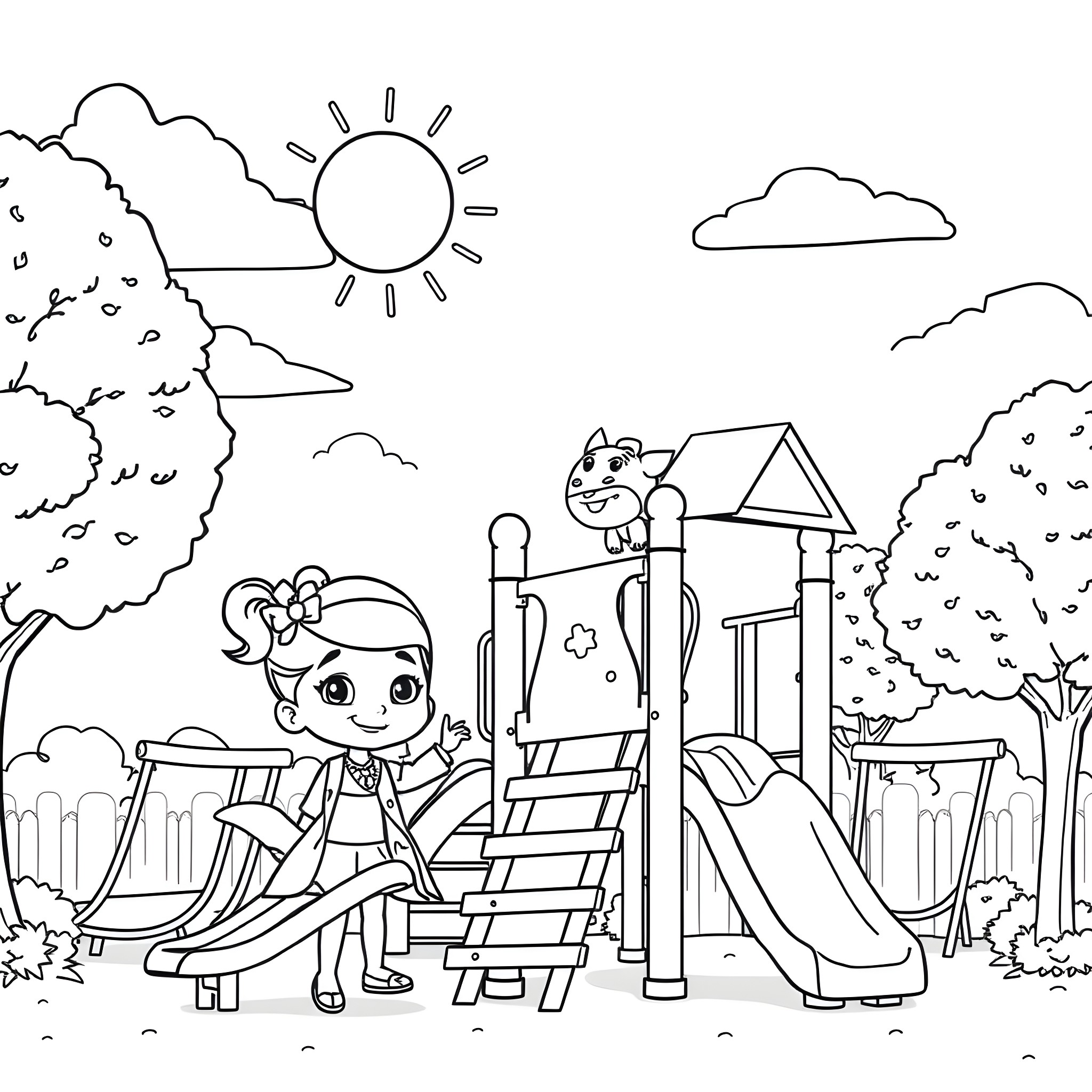 Bluey playing happily on the playground equipment Coloring Page (free black-and-white line drawing printable PDF for all, from beginners to advanced learners, including children, teens, adults, and seniors)