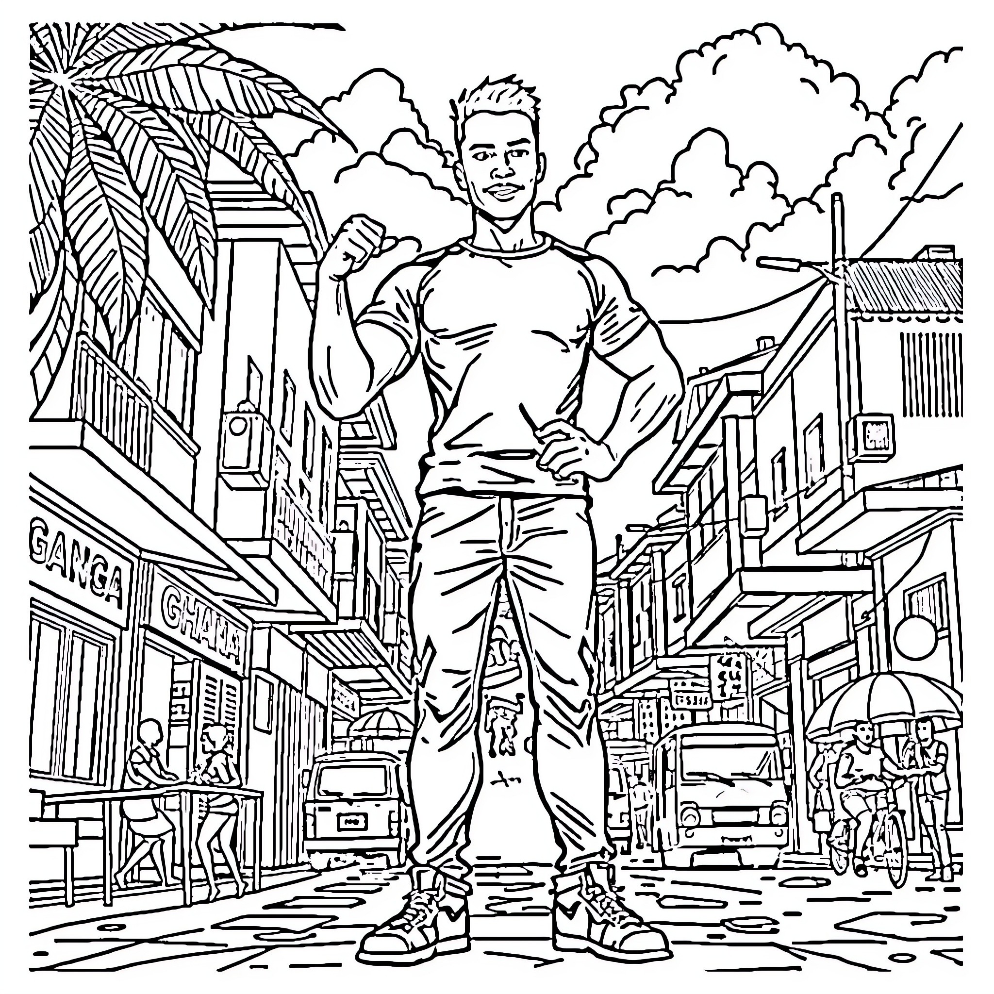 Miles Morales exploring the urban cityscape Coloring Page (free black-and-white line drawing printable PDF for all, from beginners to advanced learners, including children, teens, adults, and seniors)
