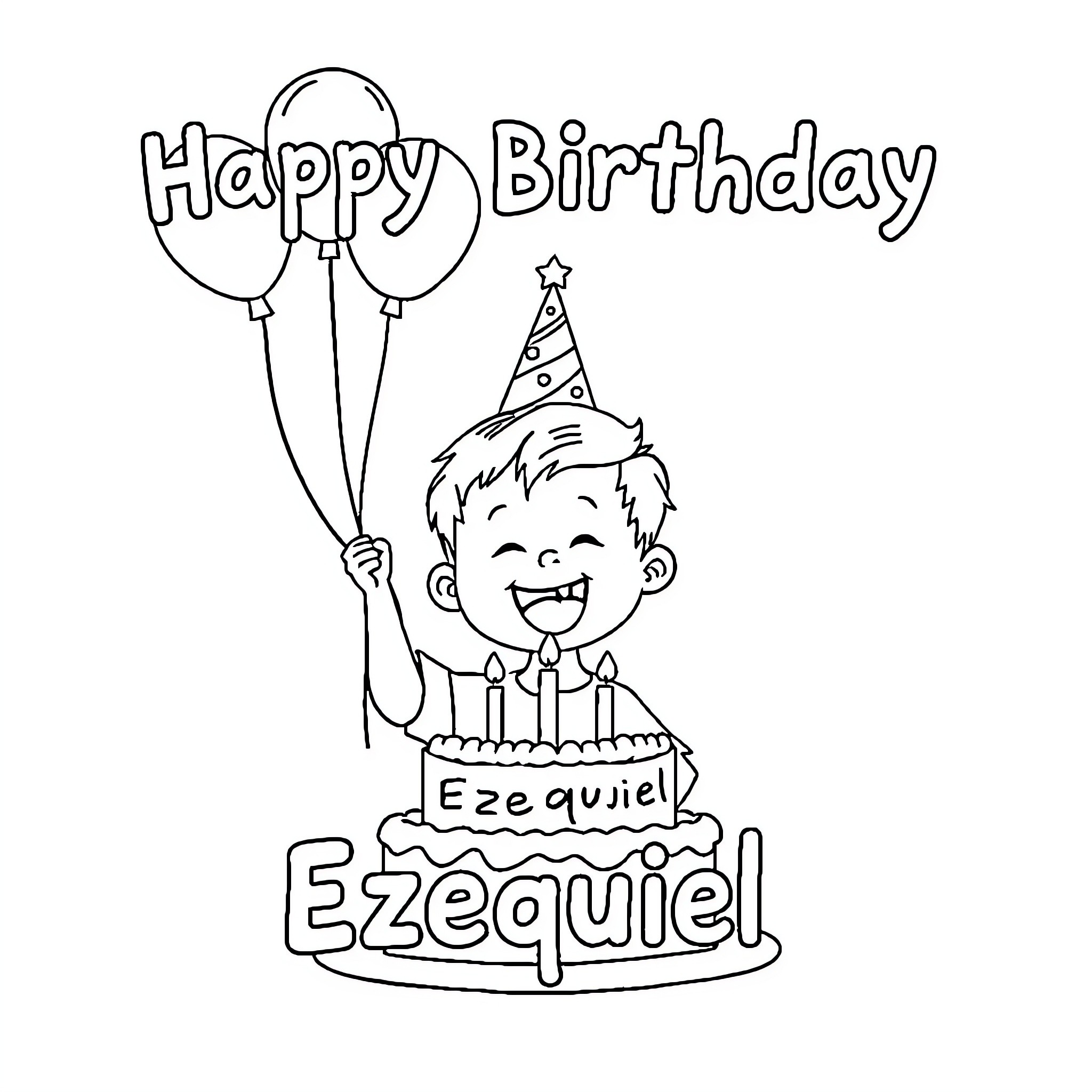 Child celebrating happy birthday with cake and balloons Coloring Page (free black-and-white line drawing printable PDF for all, from beginners to advanced learners, including children, teens, adults, and seniors)
