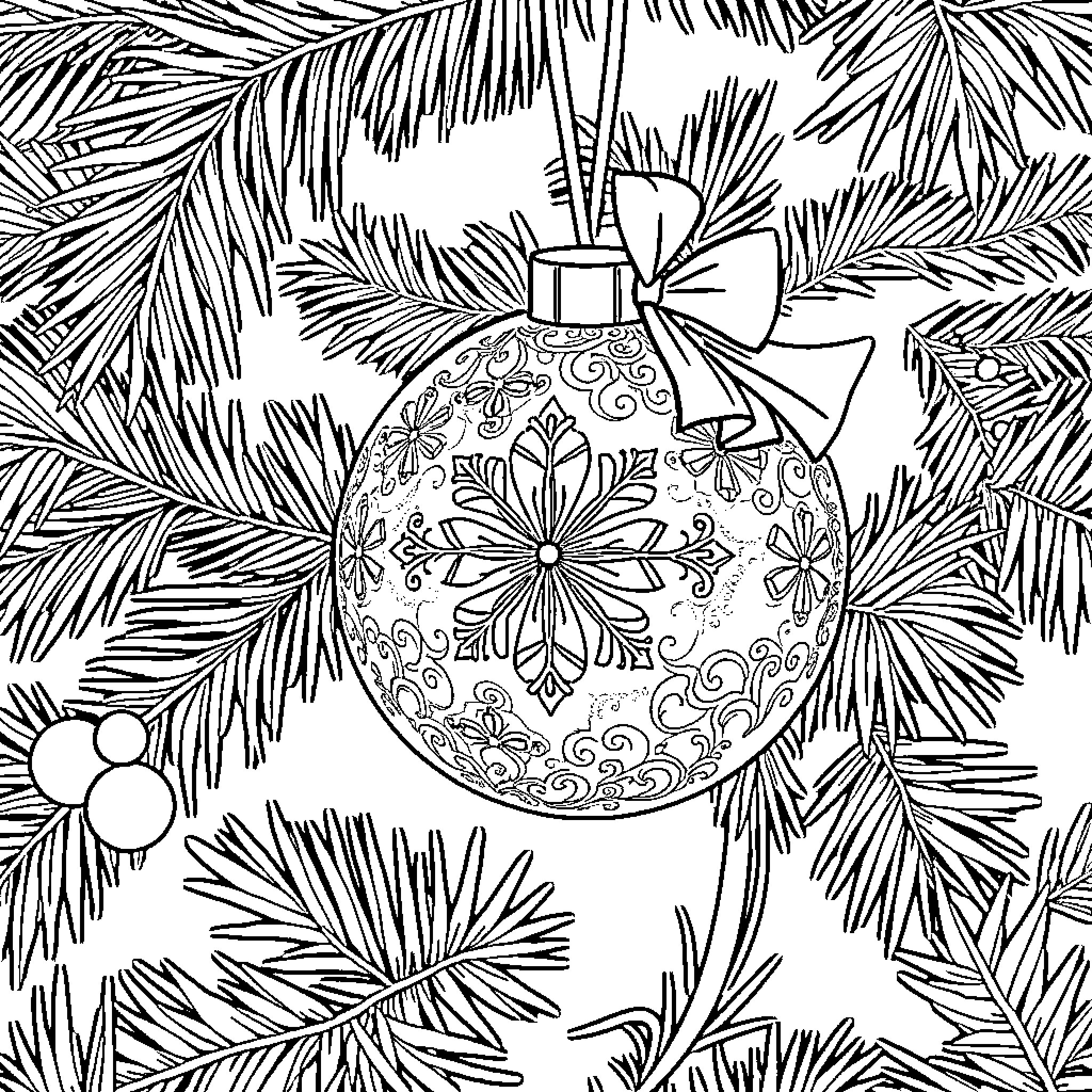 Kinley's Festive Ornament Amidst Pine Boughs Coloring Page (free black-and-white line drawing printable PDF for all, from beginners to advanced learners, including children, teens, adults, and seniors)