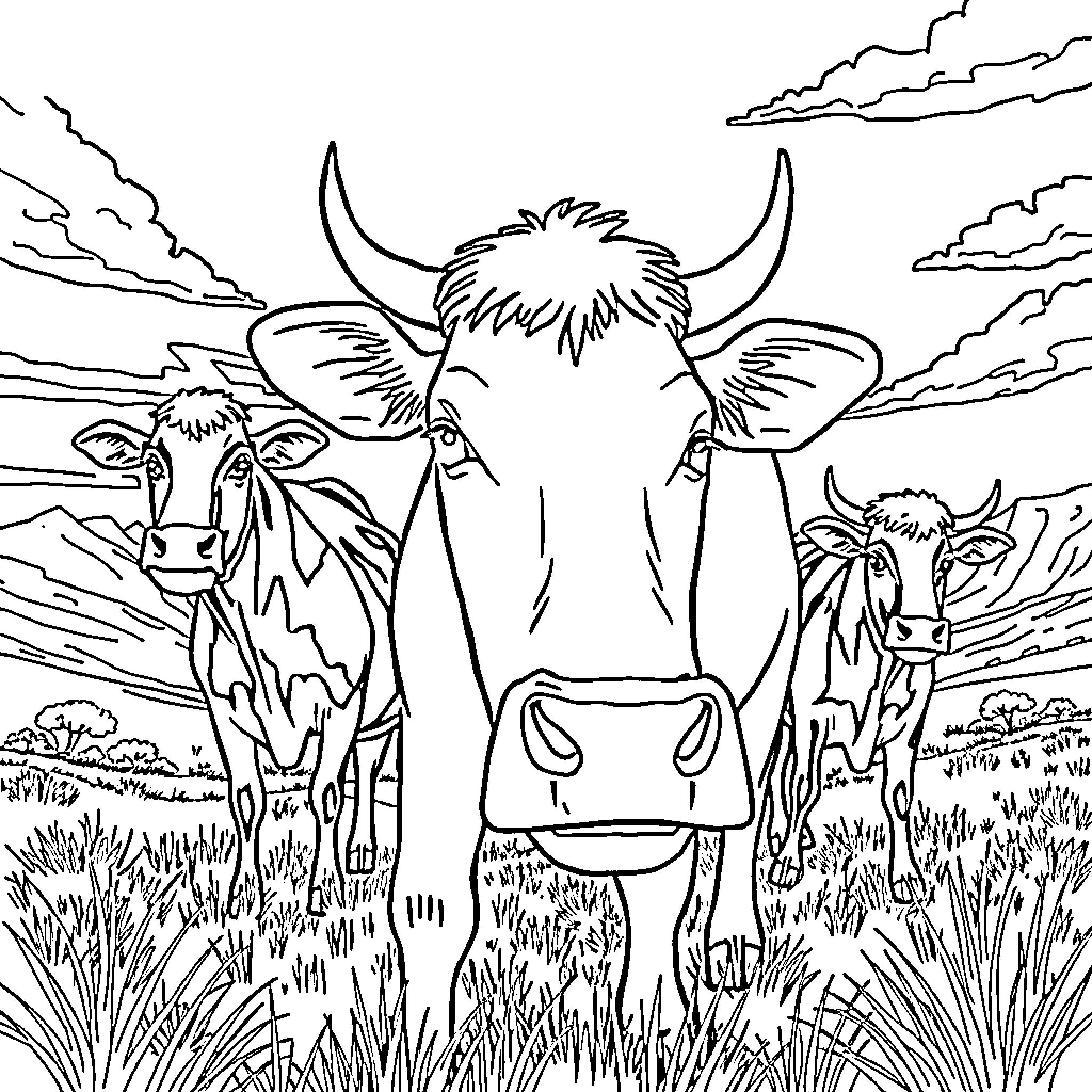 Cow herd grazing peacefully in the countryside Coloring Page (free black-and-white line drawing printable PDF for all, from beginners to advanced learners, including children, teens, adults, and seniors)