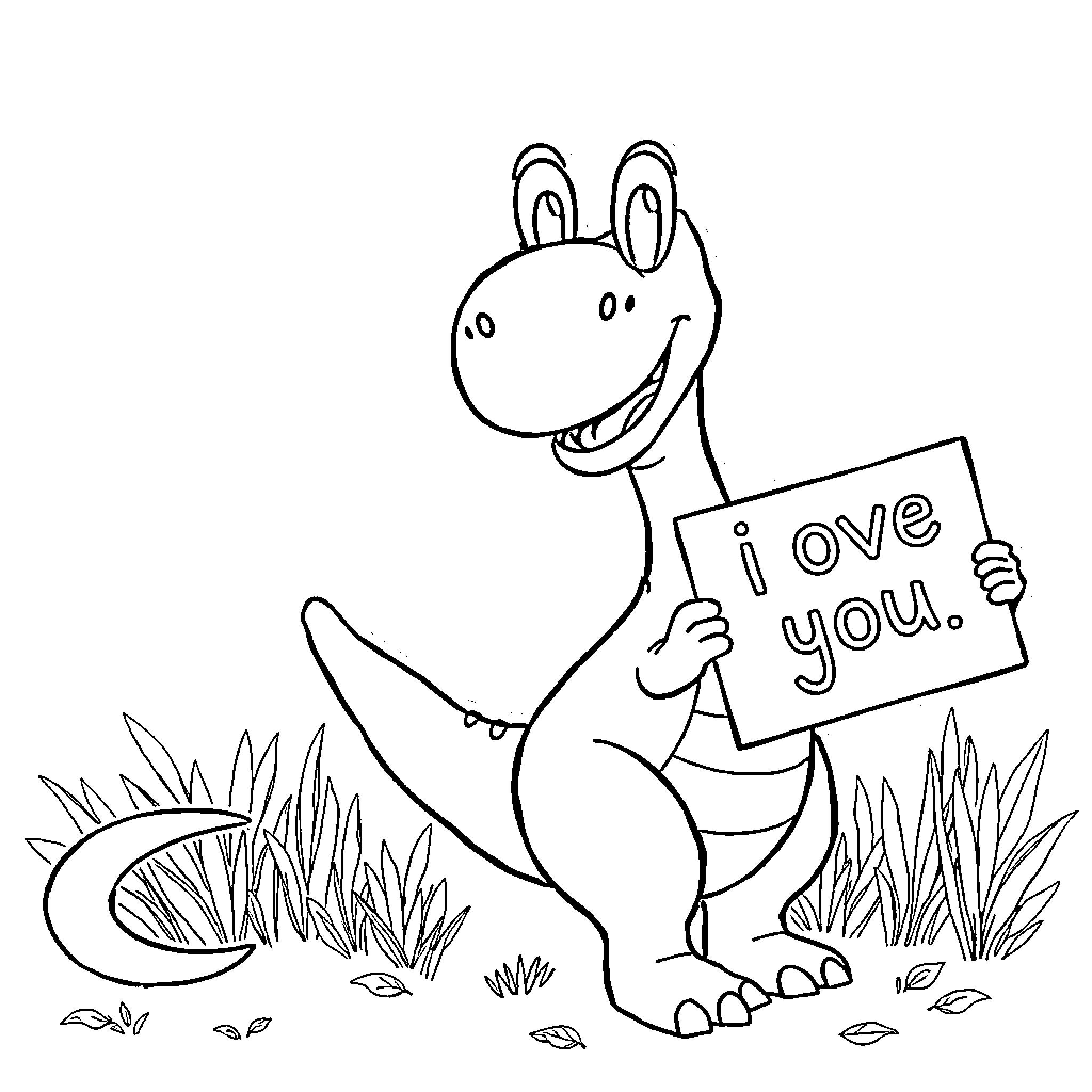 Dinosaur holding 'I love you' sign in nature scene Coloring Page (free black-and-white line drawing printable PDF for all, from beginners to advanced learners, including children, teens, adults, and seniors)