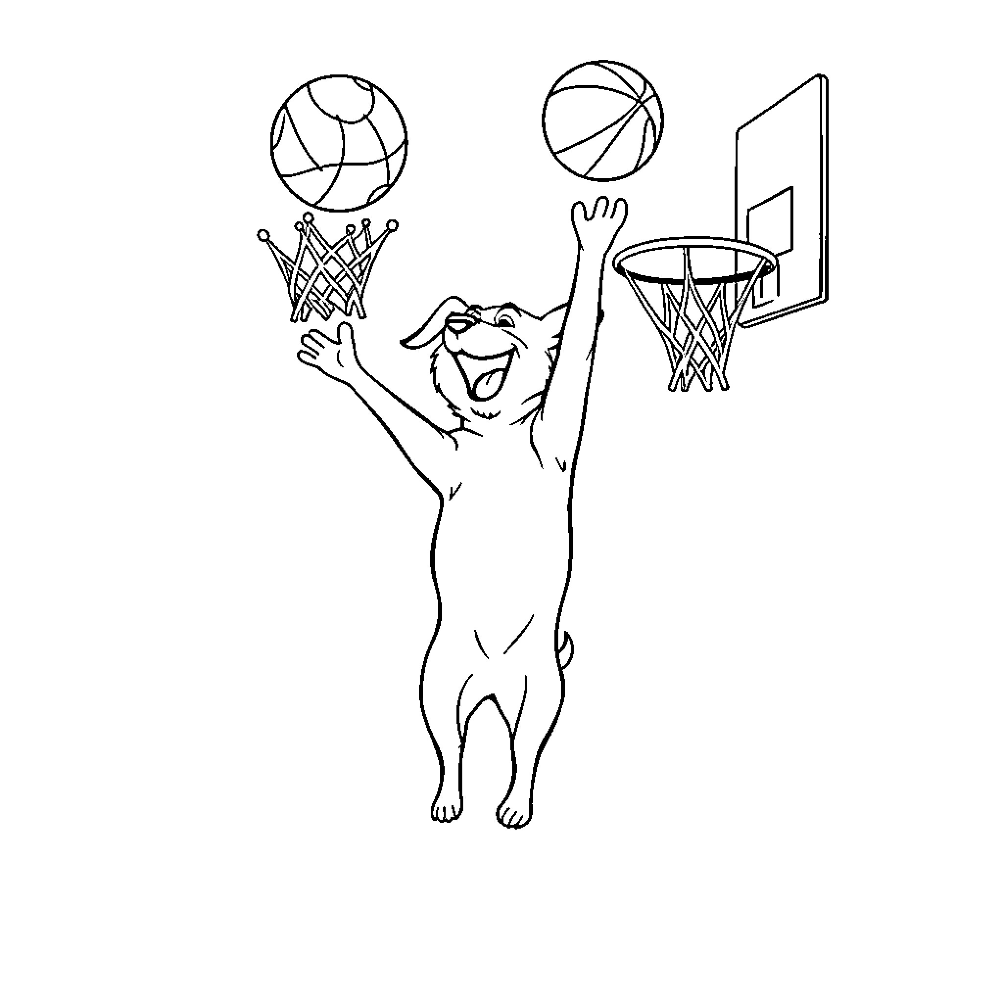 Dog playing basketball with basketball hoop Coloring Page (free black-and-white line drawing printable PDF for all, from beginners to advanced learners, including children, teens, adults, and seniors)