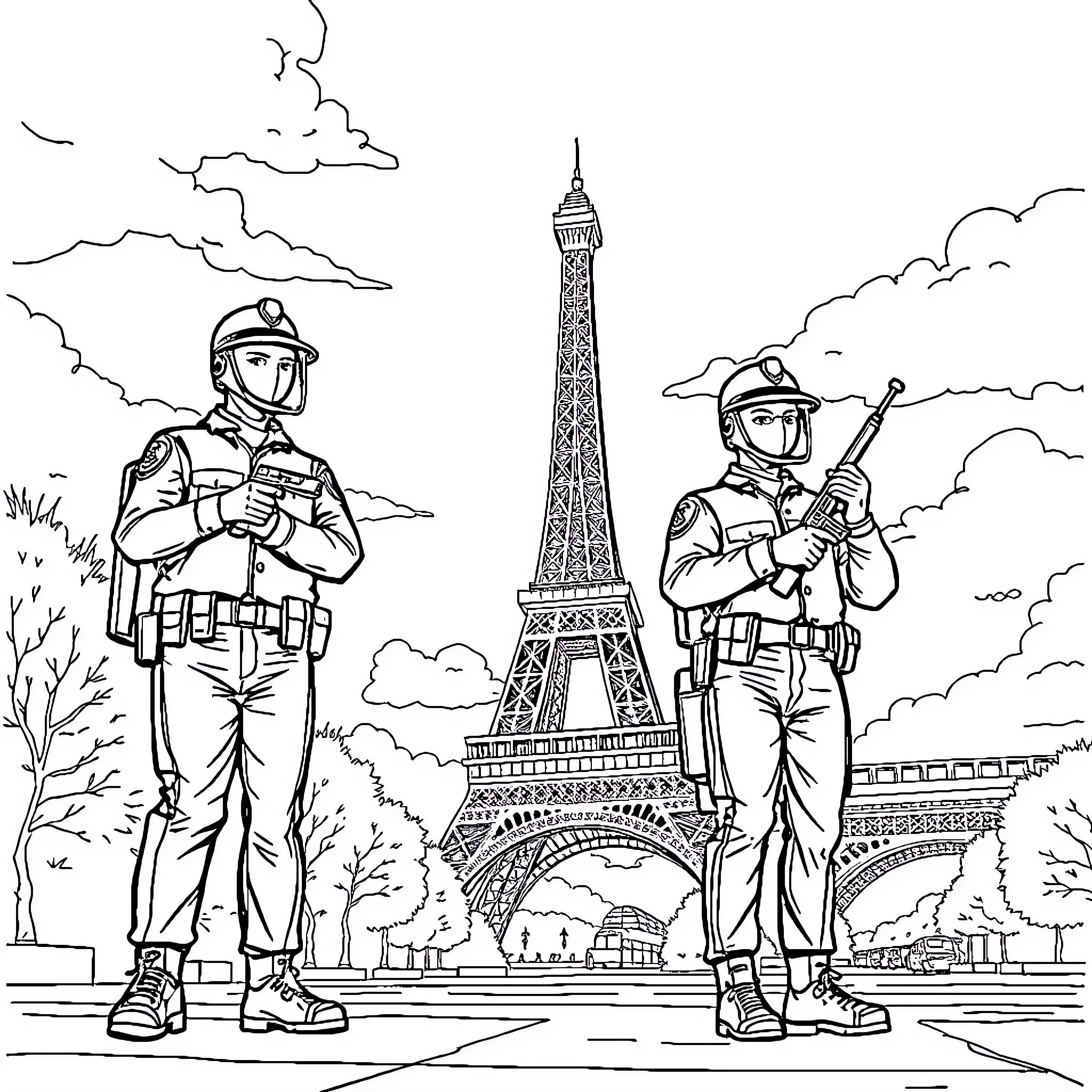Paw Patrol characters on patrol in Paris Coloring Page (free black-and-white line drawing printable PDF for all, from beginners to advanced learners, including children, teens, adults, and seniors)