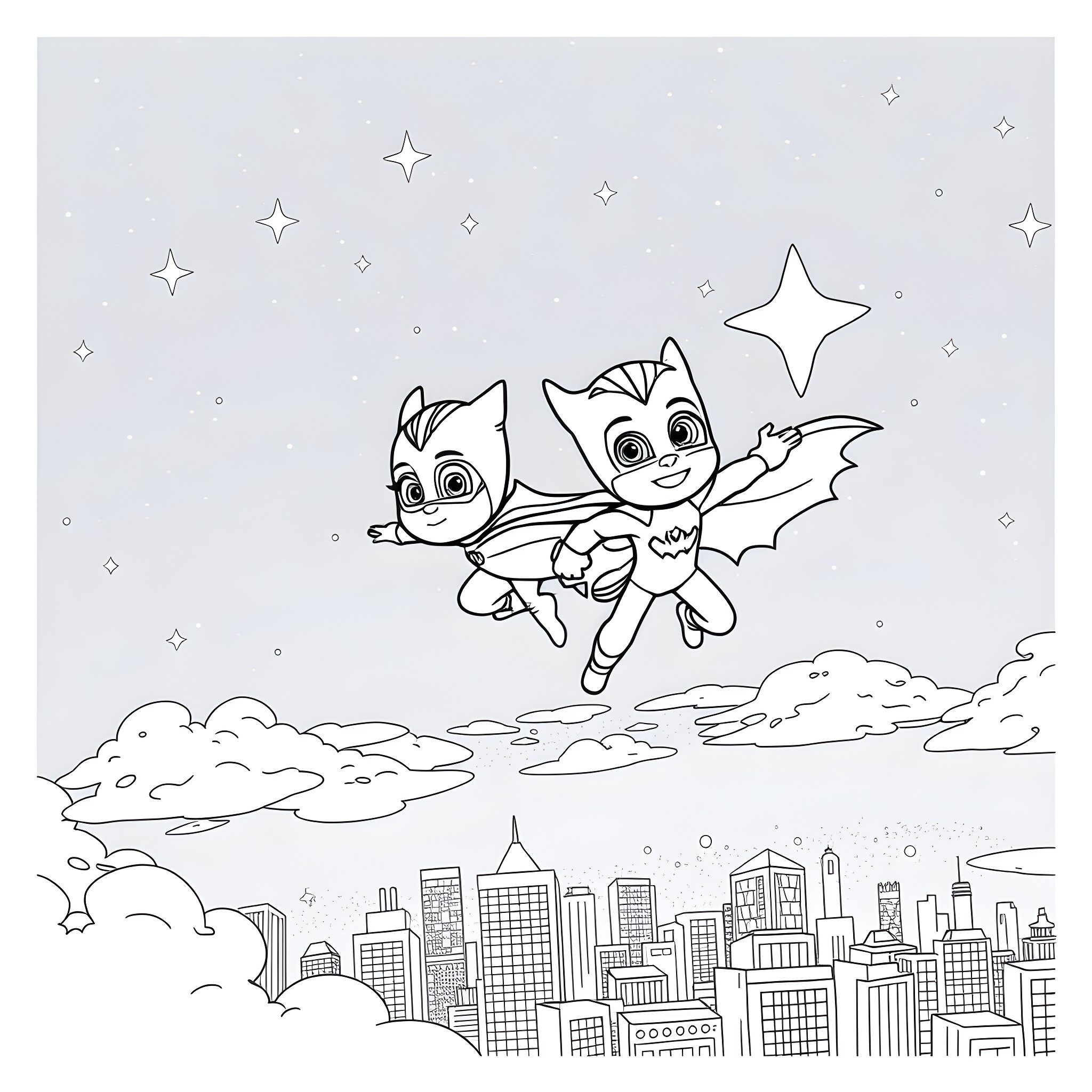 Pj Masks characters soaring over the city Coloring Page (free black-and-white line drawing printable PDF for all, from beginners to advanced learners, including children, teens, adults, and seniors)