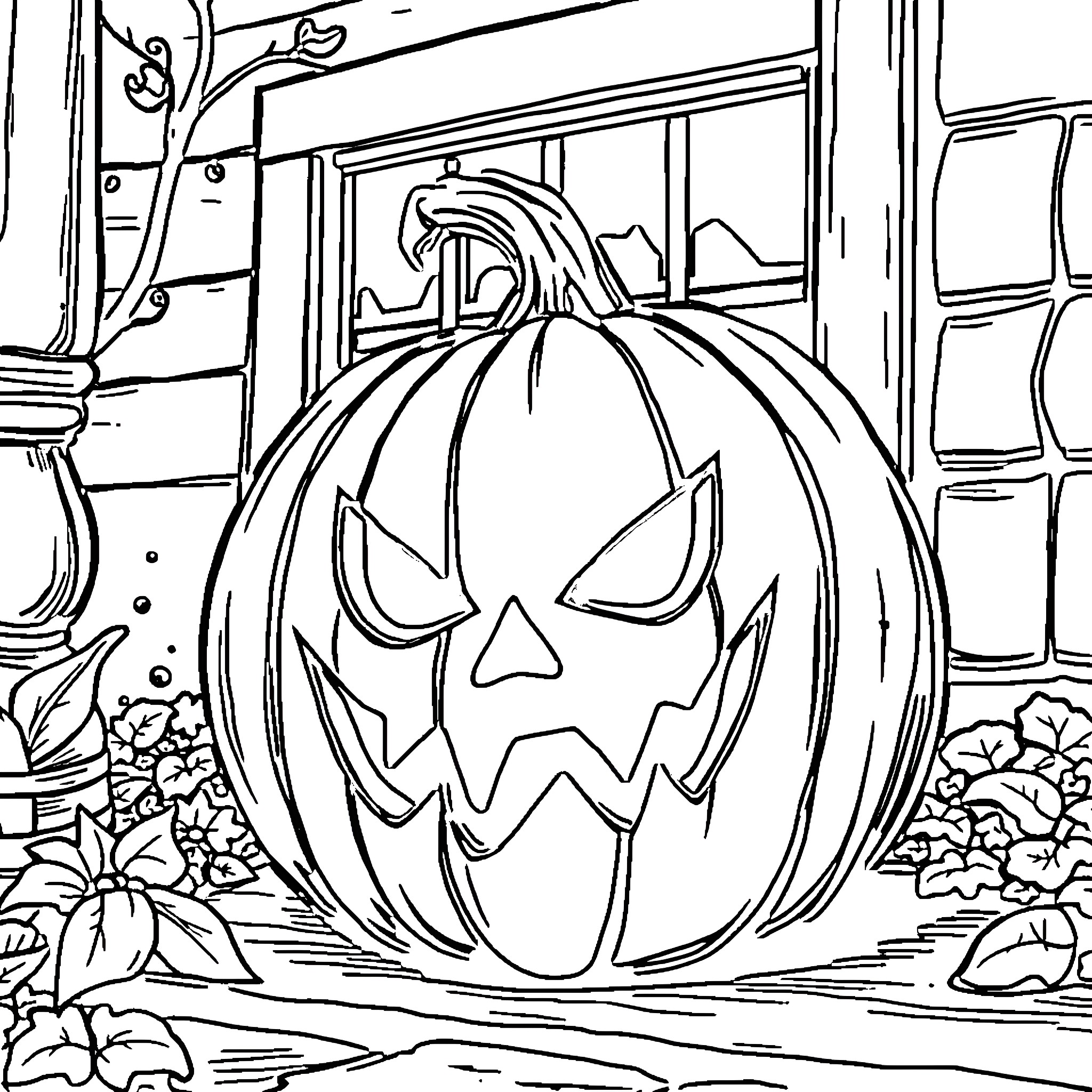 Pumpkin carved with spooky face on doorstep Coloring Page (free black-and-white line drawing printable PDF for all, from beginners to advanced learners, including children, teens, adults, and seniors)