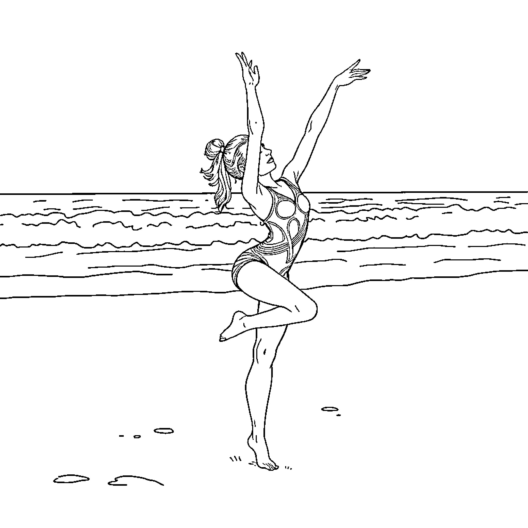 Gymnast performing acrobatic moves in water Coloring Page (free black-and-white line drawing printable PDF for all, from beginners to advanced learners, including children, teens, adults, and seniors)