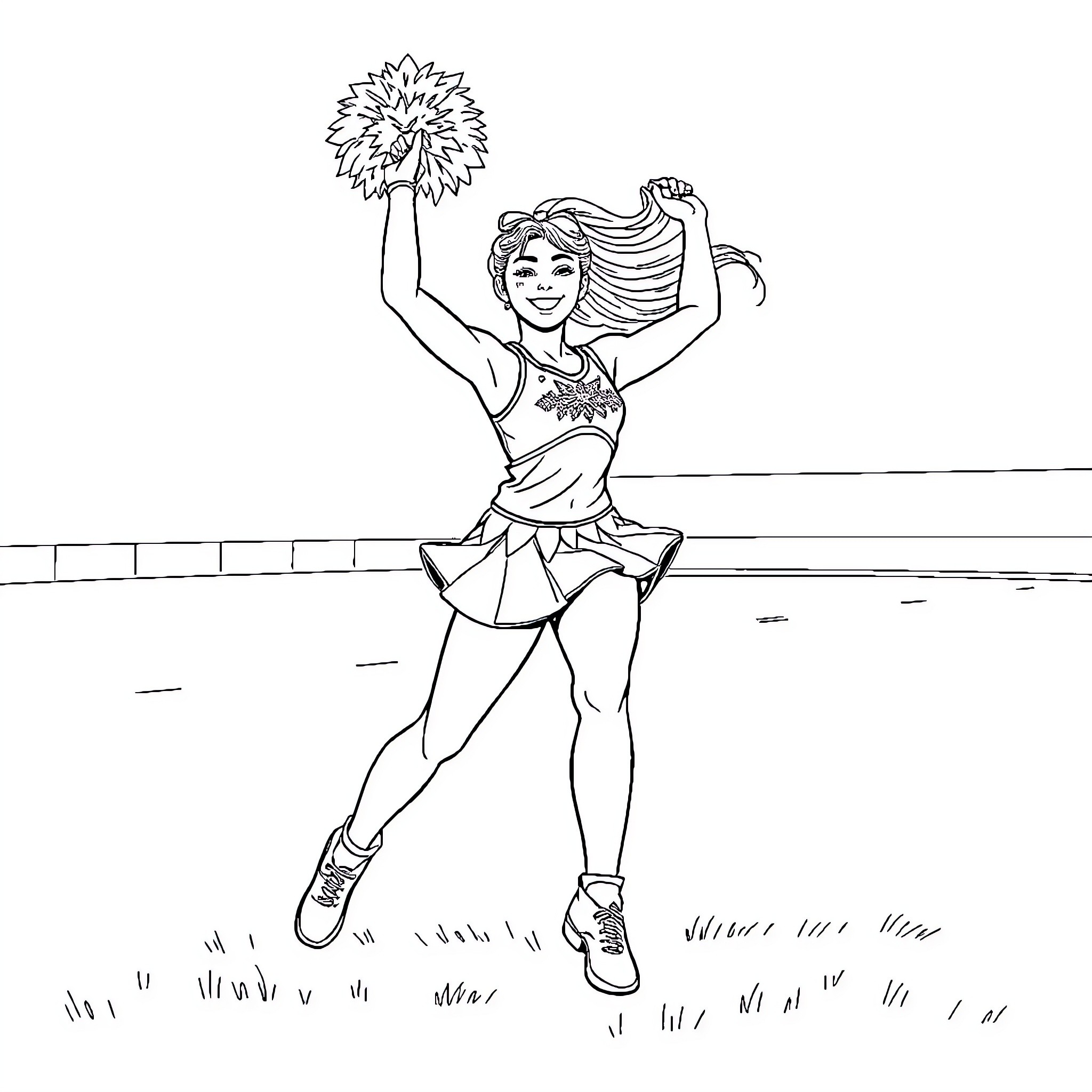 Dancer performing joyful cheerleading routine Coloring Page (free black-and-white line drawing printable PDF for all, from beginners to advanced learners, including children, teens, adults, and seniors)