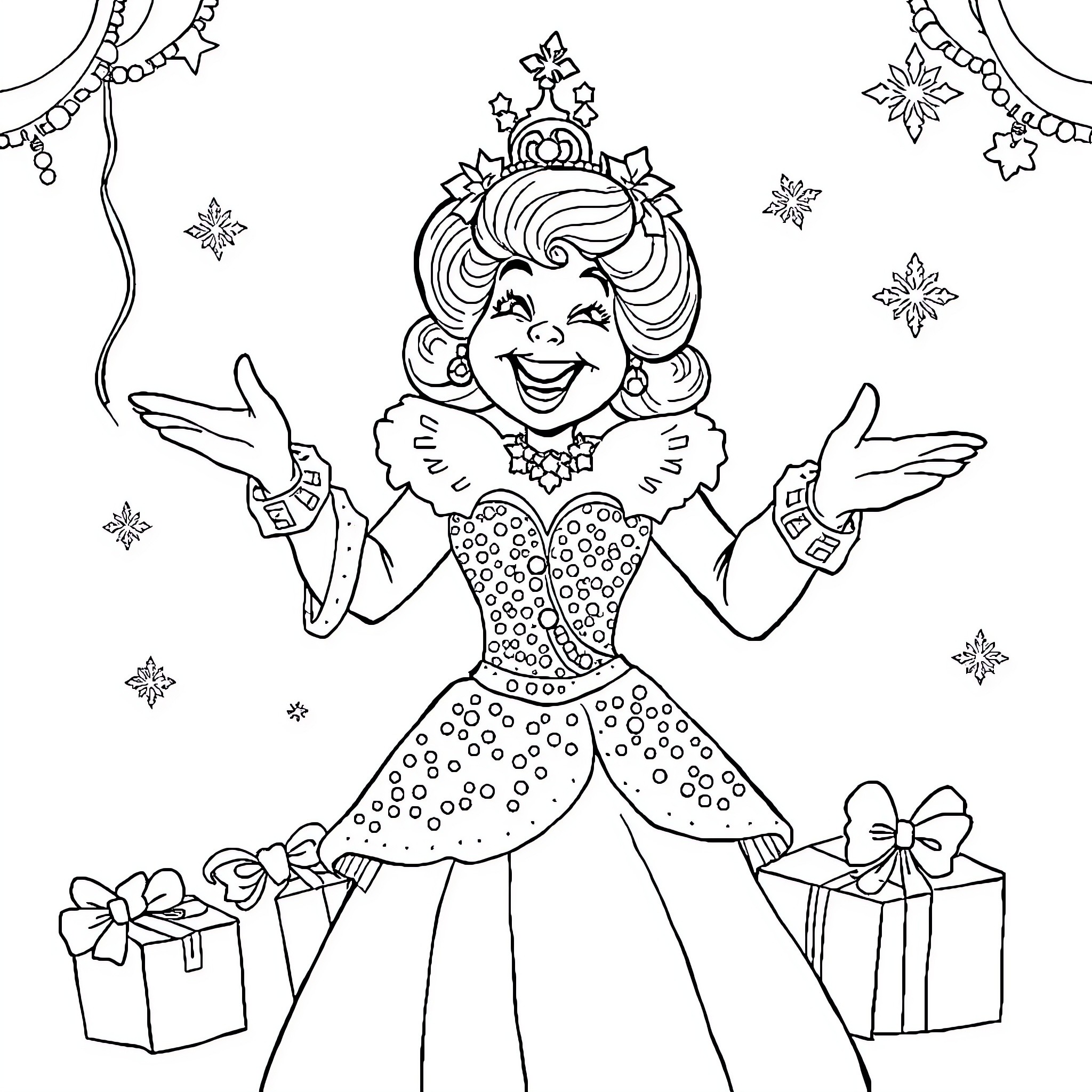 Panto Dame Celebrating with Gifts and Festive Decorations Coloring Page (free black-and-white line drawing printable PDF for all, from beginners to advanced learners, including children, teens, adults, and seniors)