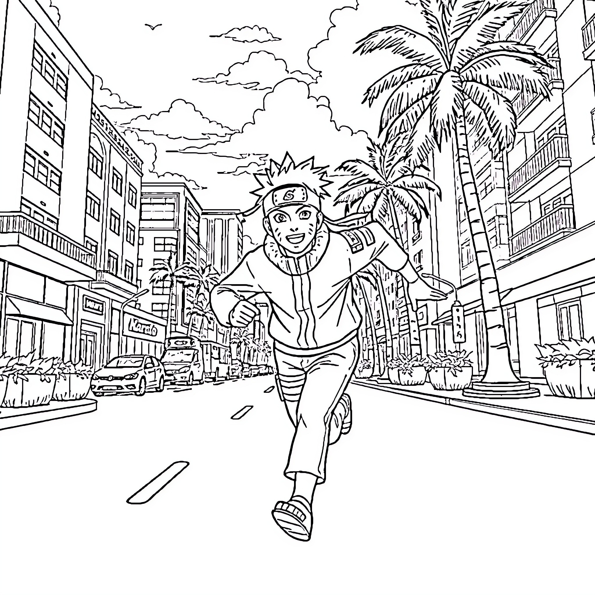 Naruto running through a vibrant city Coloring Page (free black-and-white line drawing printable PDF for all, from beginners to advanced learners, including children, teens, adults, and seniors)