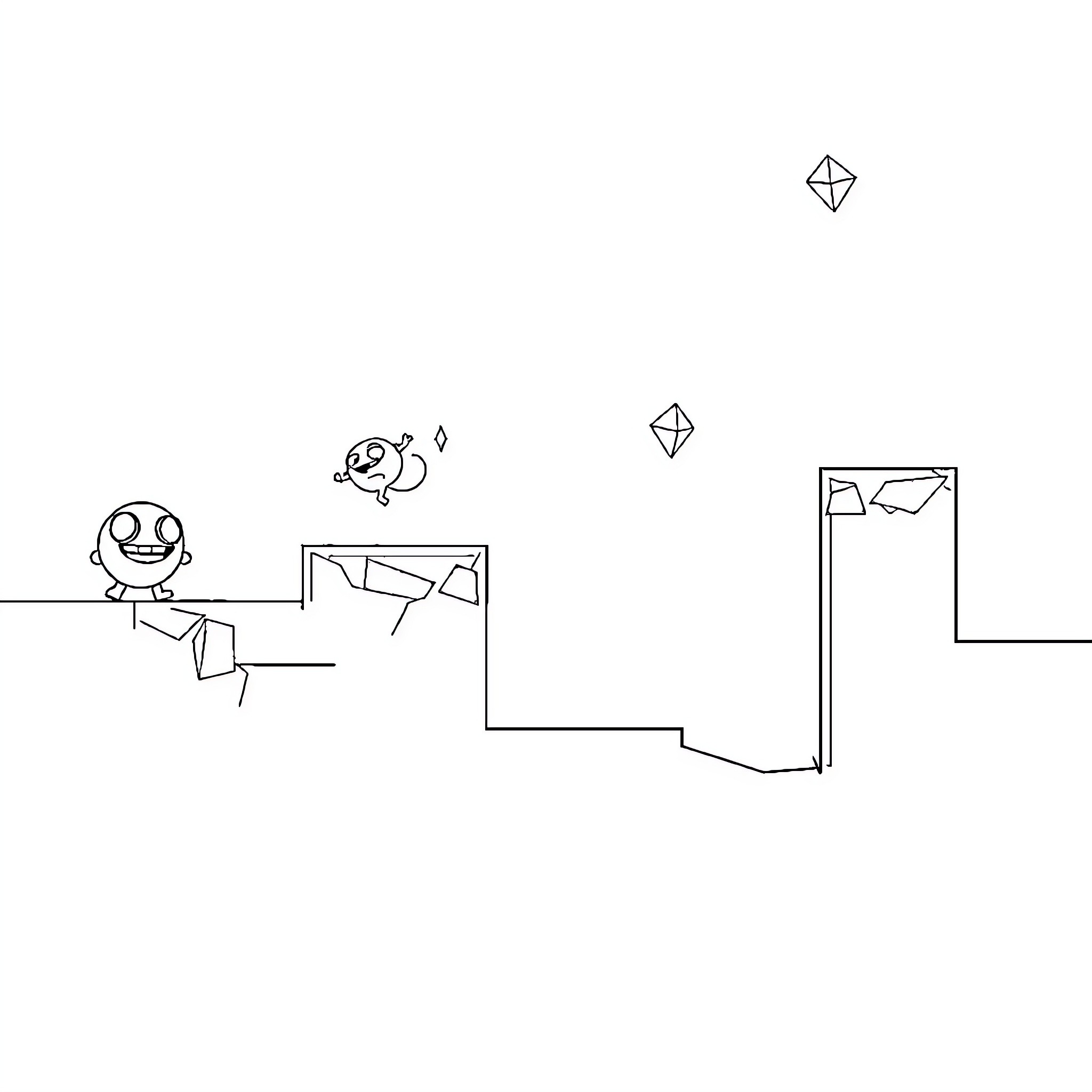 Geometry Dash characters traversing challenging platforms Coloring Page (free black-and-white line drawing printable PDF for all, from beginners to advanced learners, including children, teens, adults, and seniors)