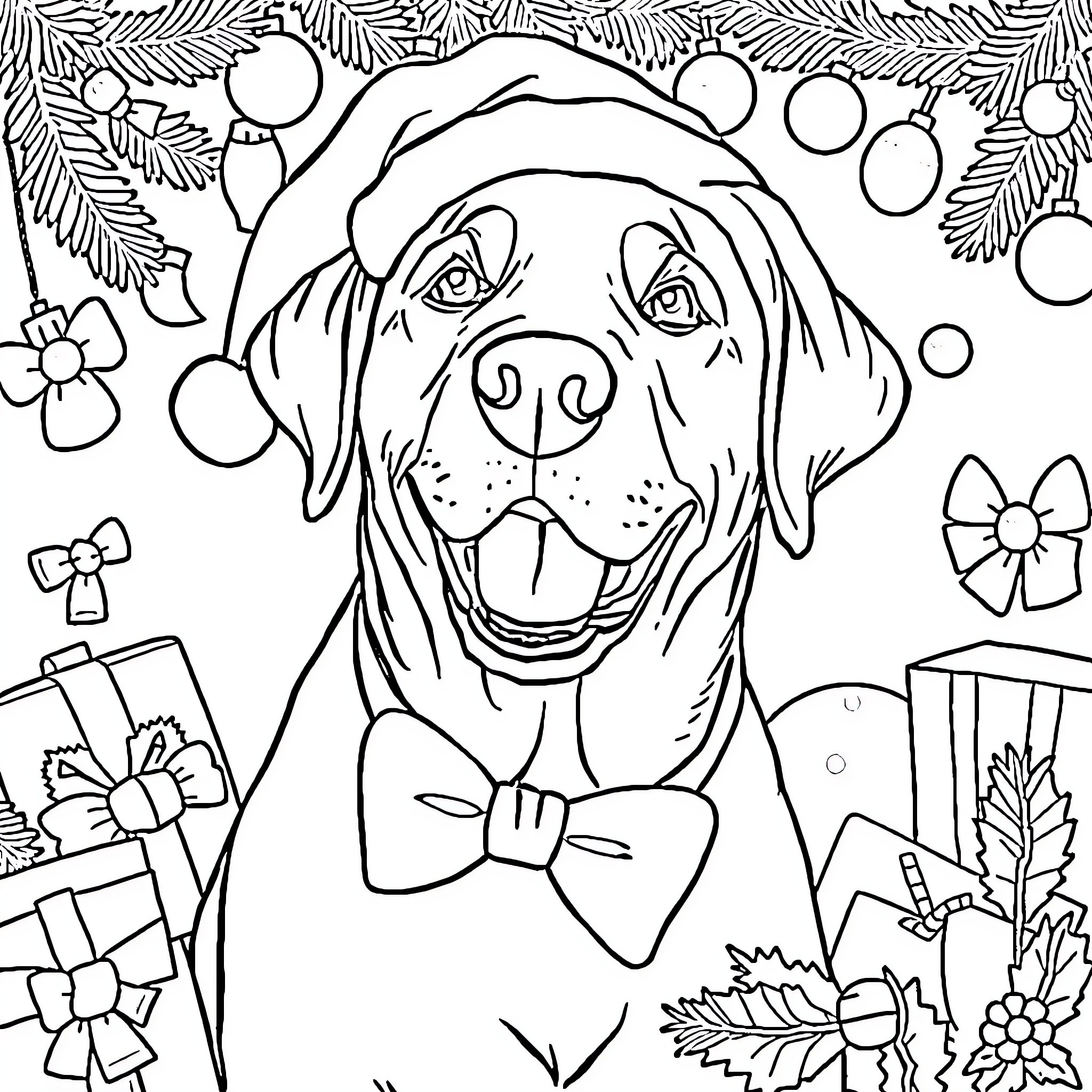 Labrador enjoying the holiday season Coloring Page (free black-and-white line drawing printable PDF for all, from beginners to advanced learners, including children, teens, adults, and seniors)