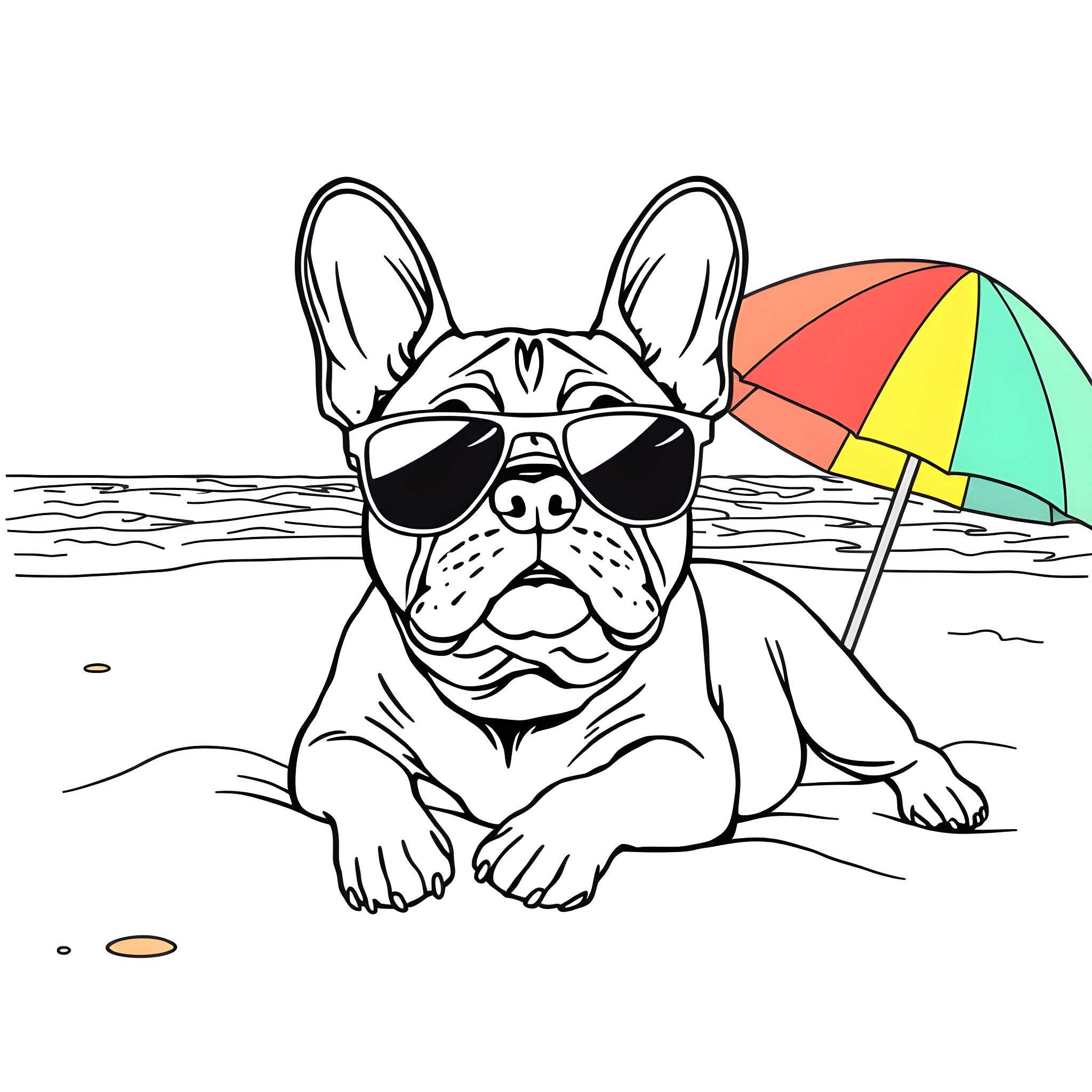 French Bulldog relaxing at the beach with umbrella Coloring Page (free black-and-white line drawing printable PDF for all, from beginners to advanced learners, including children, teens, adults, and seniors)