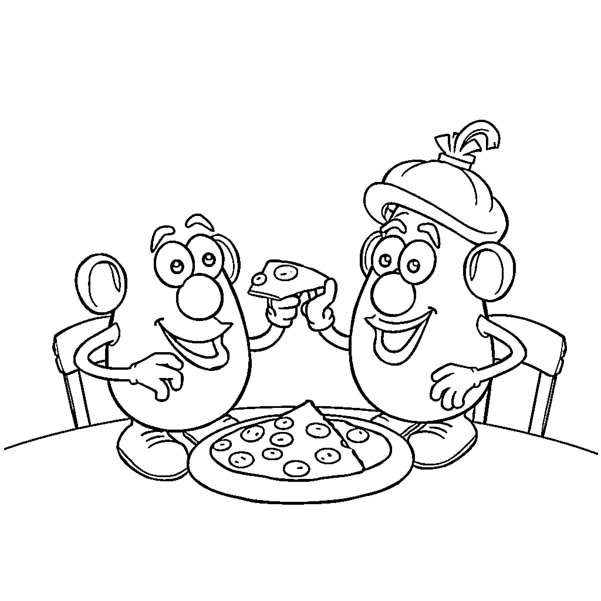 Potato Head friends enjoying a pizza together Coloring Page (free black-and-white line drawing printable PDF for all, from beginners to advanced learners, including children, teens, adults, and seniors)