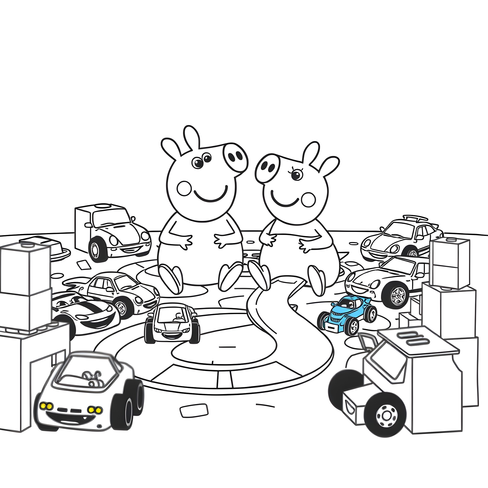 Pipp's Toy Car Adventure Coloring Page (free black-and-white line drawing printable PDF for all, from beginners to advanced learners, including children, teens, adults, and seniors)
