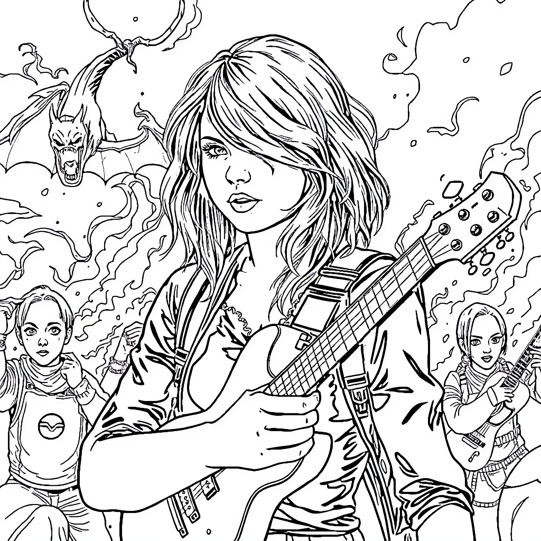 Taylor Swift performing on stage with fantasy elements Coloring Page (free black-and-white line drawing printable PDF for all, from beginners to advanced learners, including children, teens, adults, and seniors)