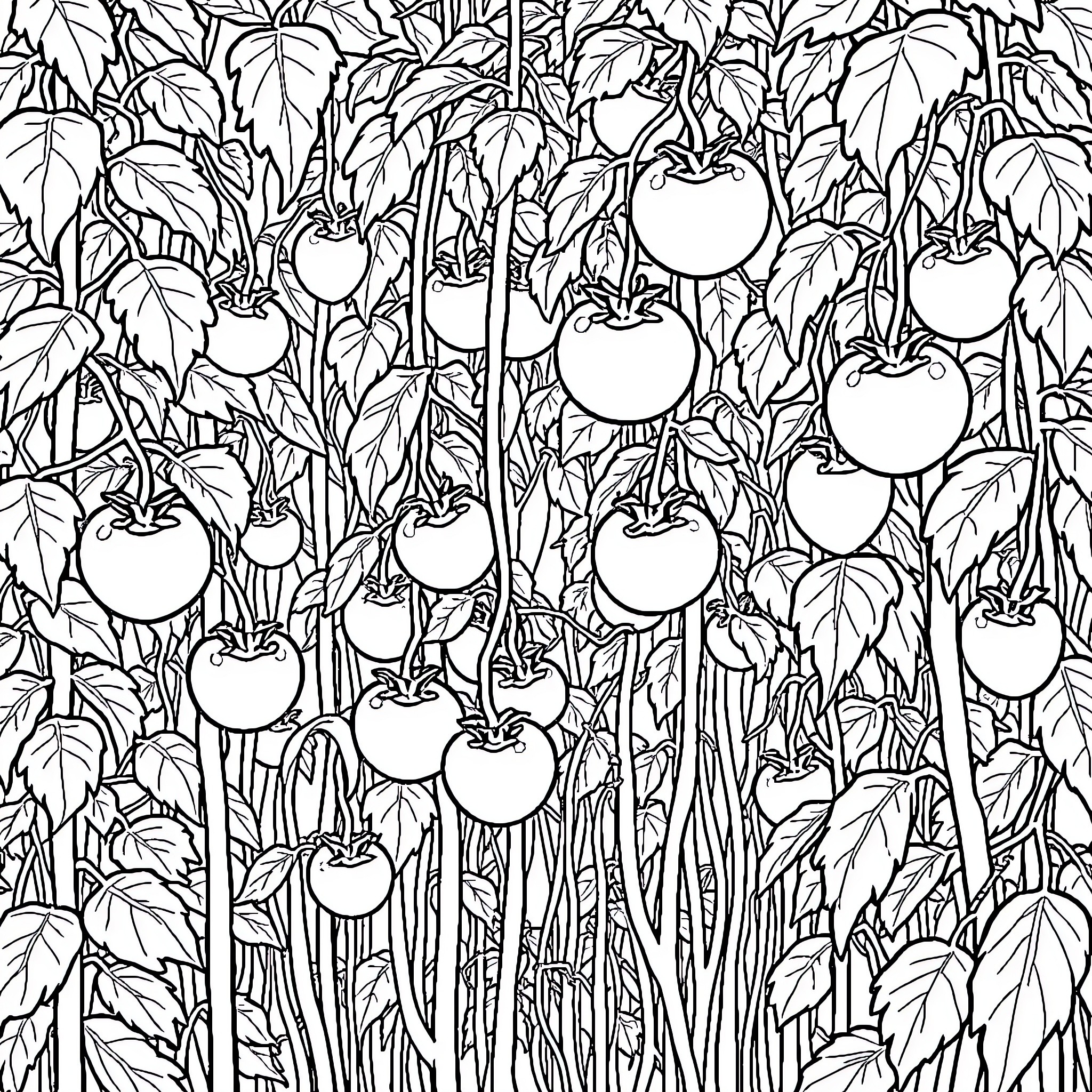 Tomato Plants Flourishing with Ripe Fruit Coloring Page (free black-and-white line drawing printable PDF for all, from beginners to advanced learners, including children, teens, adults, and seniors)