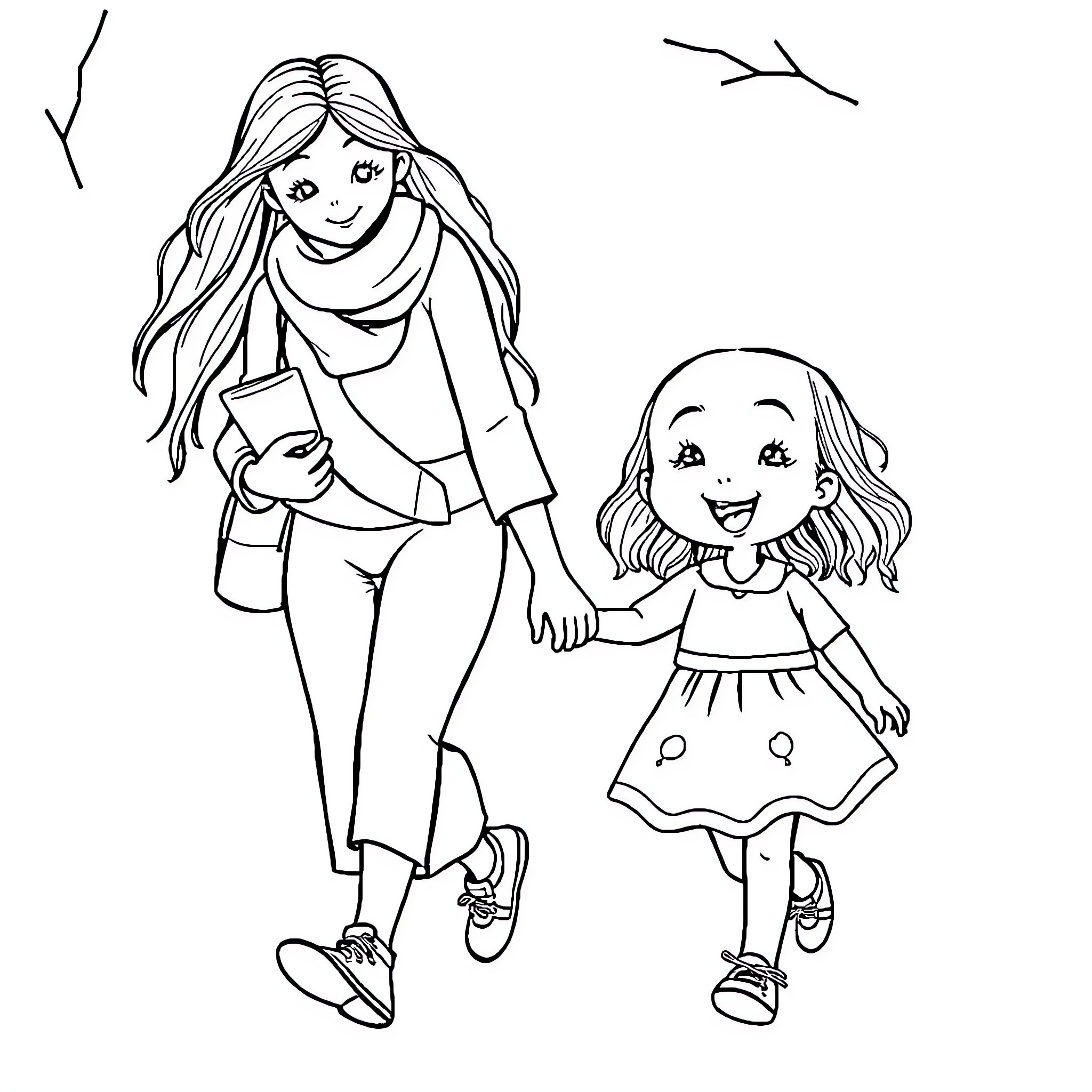 Girl Walking with Young Girl in Casual Outfits Coloring Page (free black-and-white line drawing printable PDF for all, from beginners to advanced learners, including children, teens, adults, and seniors)