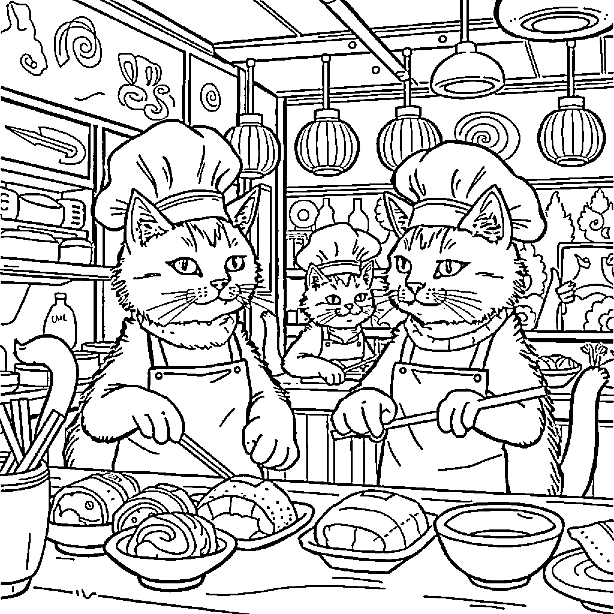 Cats Cooking in the Kitchen Coloring Page (free black-and-white line drawing printable PDF for all, from beginners to advanced learners, including children, teens, adults, and seniors)