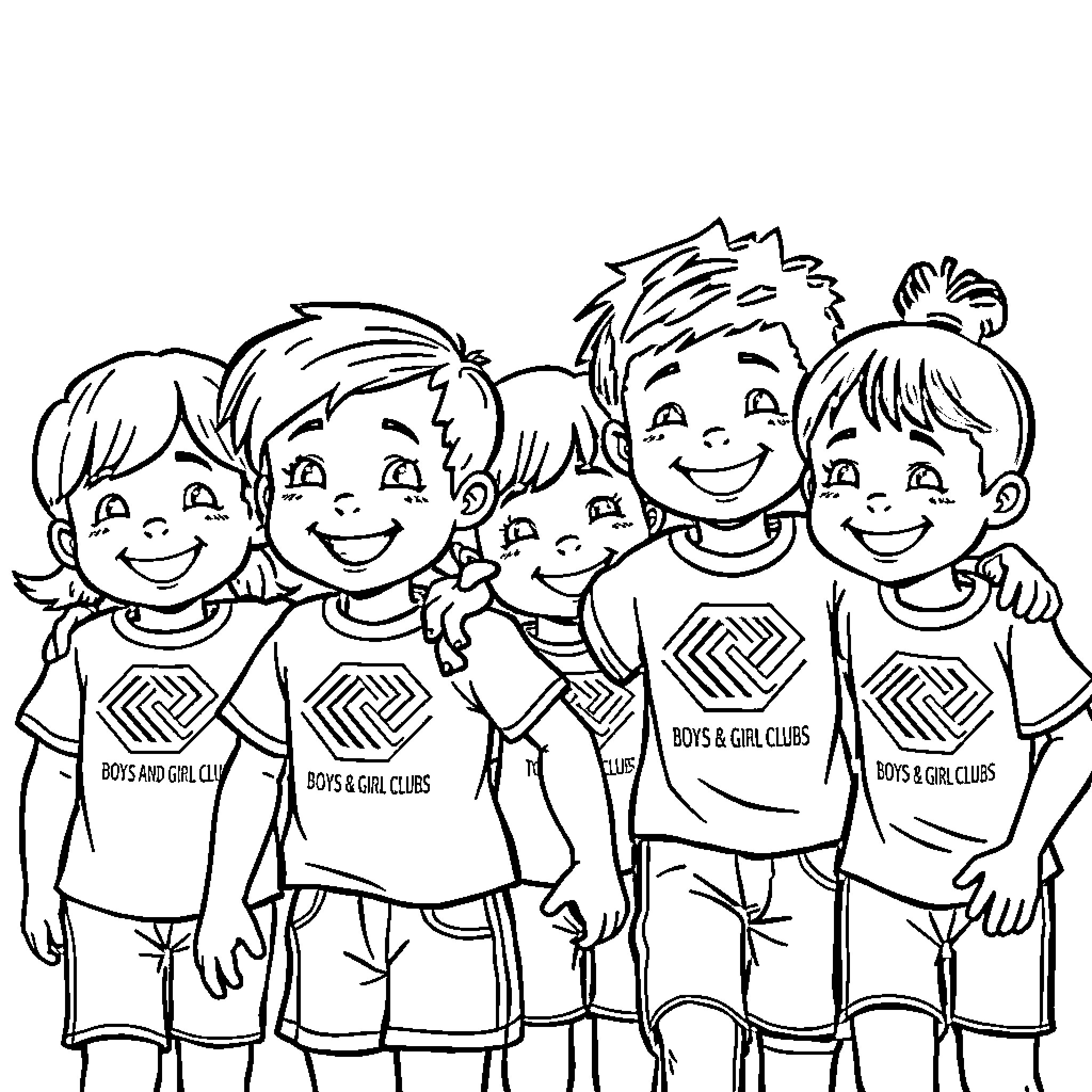 Kids Happily Posing in Club Uniforms Coloring Page (free black-and-white line drawing printable PDF for all, from beginners to advanced learners, including children, teens, adults, and seniors)