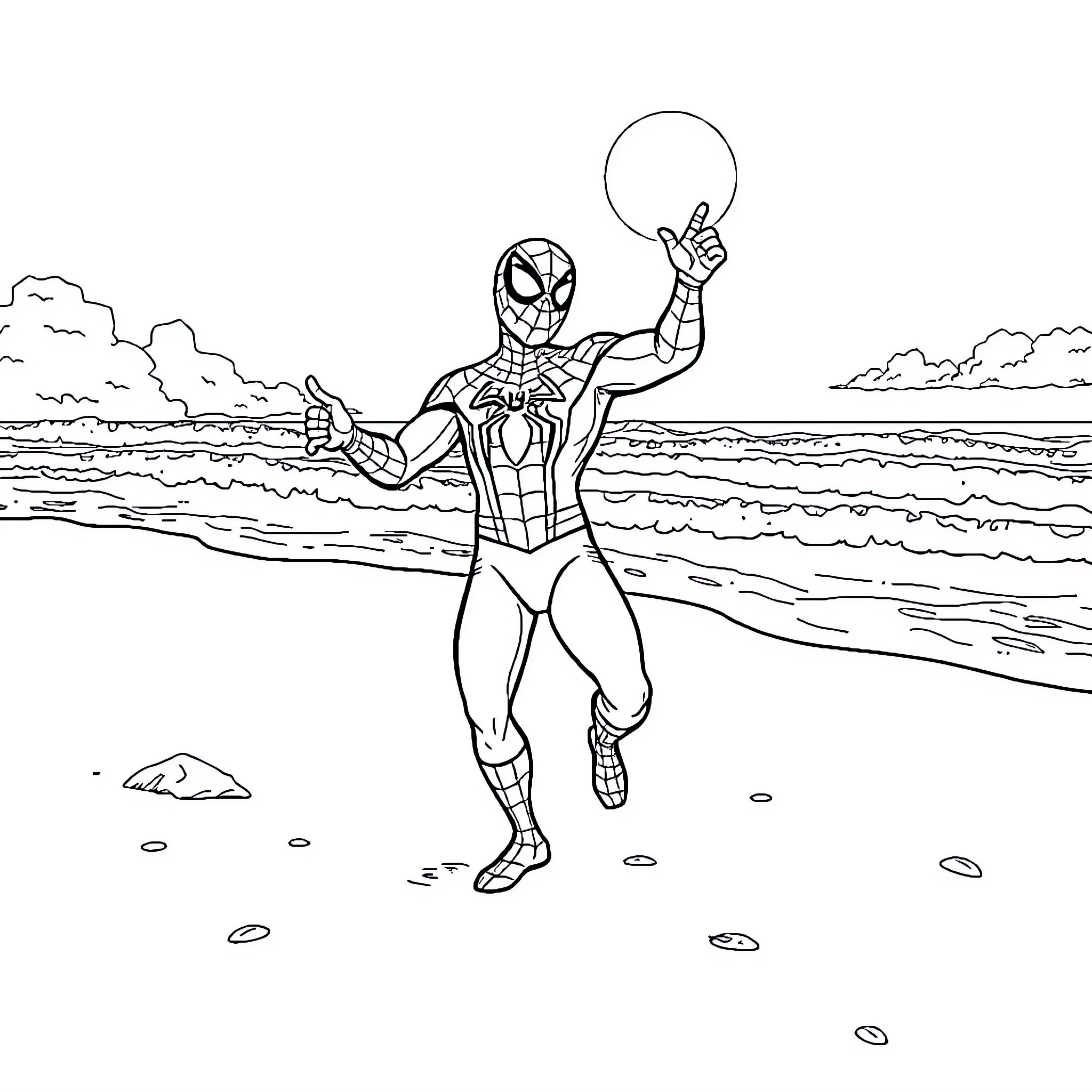 Spiderman swinging on the beach Coloring Page (free black-and-white line drawing printable PDF for all, from beginners to advanced learners, including children, teens, adults, and seniors)