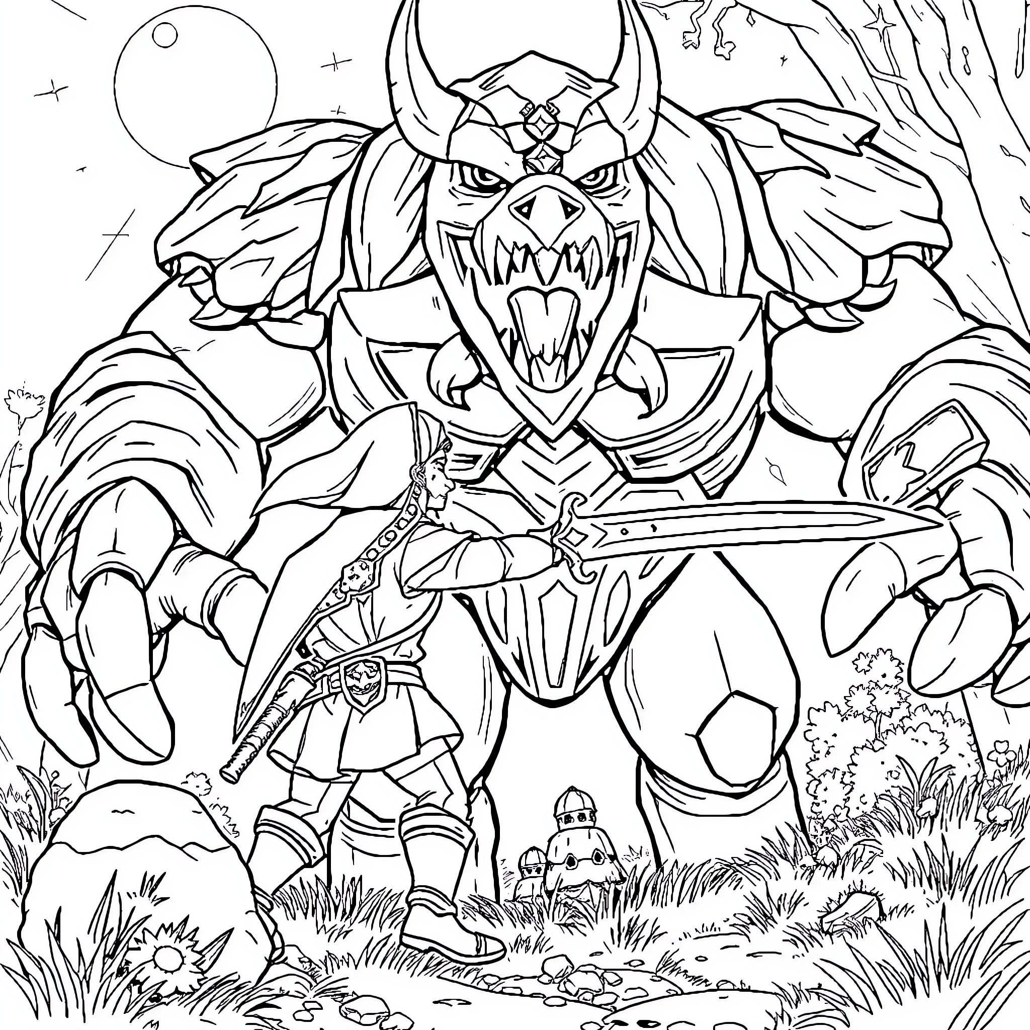 Link Battles Fierce Demonic Foe in Epic Landscape Coloring Page (free black-and-white line drawing printable PDF for all, from beginners to advanced learners, including children, teens, adults, and seniors)