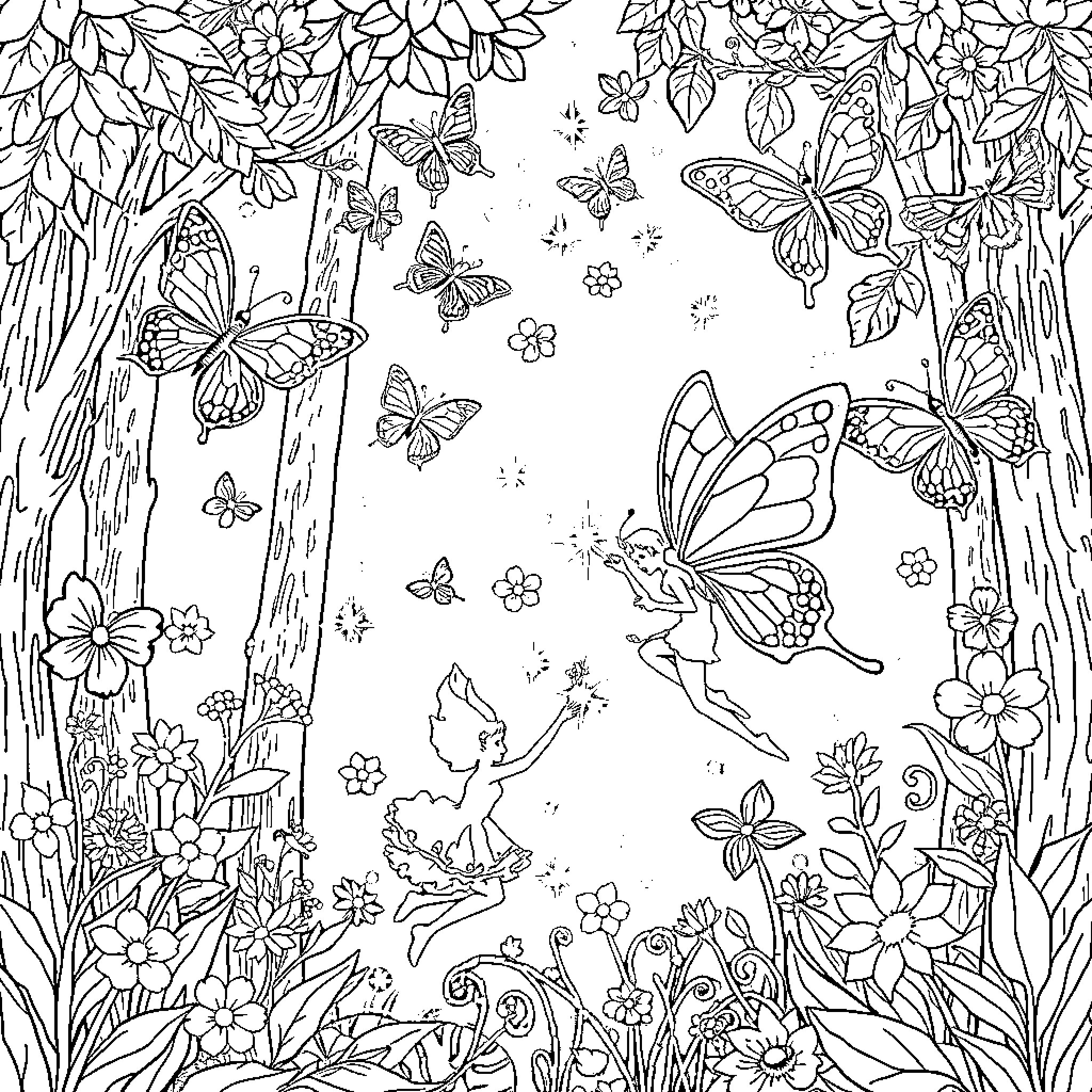 Butterfly Enchanted Fairy Forest Coloring Page (free black-and-white line drawing printable PDF for all, from beginners to advanced learners, including children, teens, adults, and seniors)