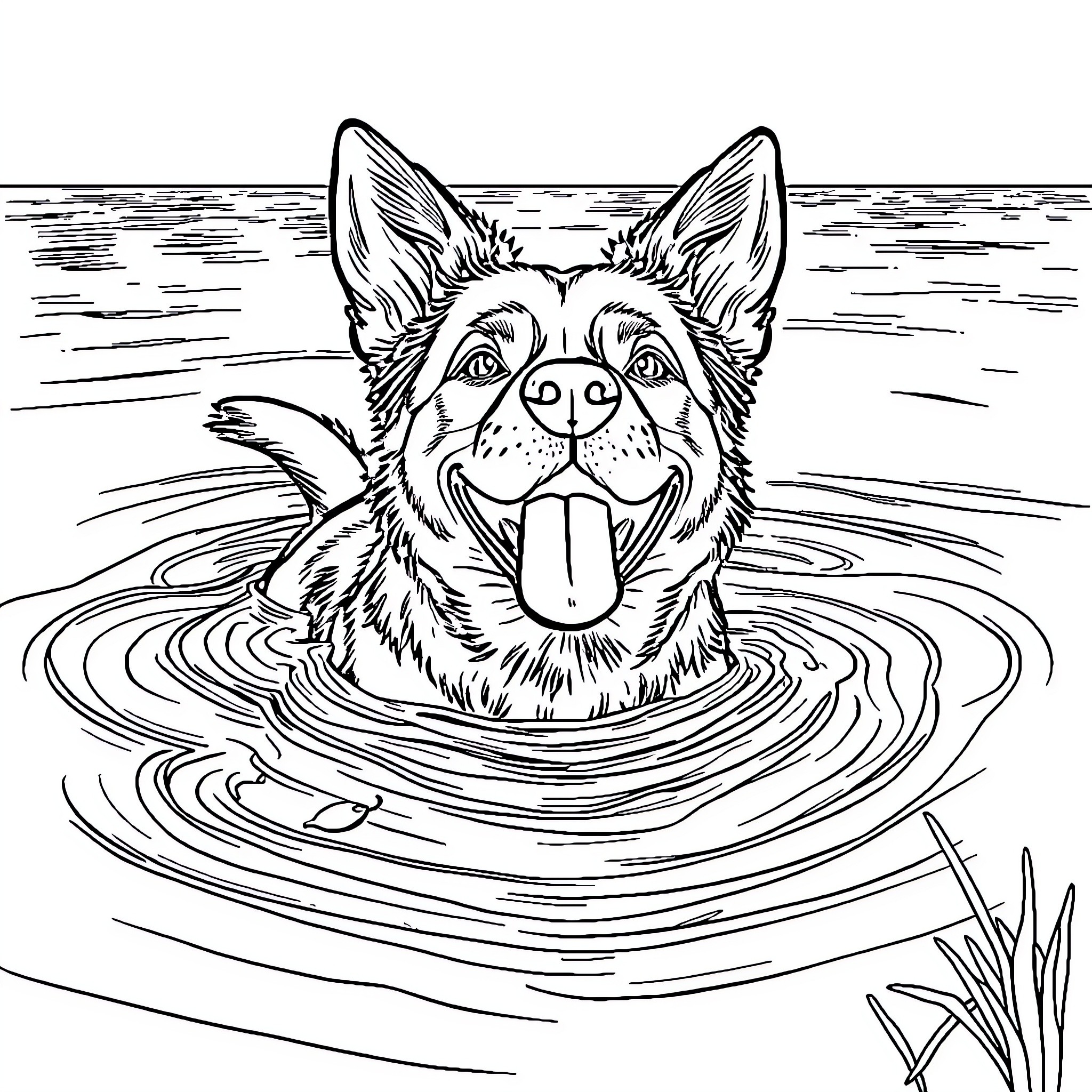 Dog swimming happily in the water Coloring Page (free black-and-white line drawing printable PDF for all, from beginners to advanced learners, including children, teens, adults, and seniors)