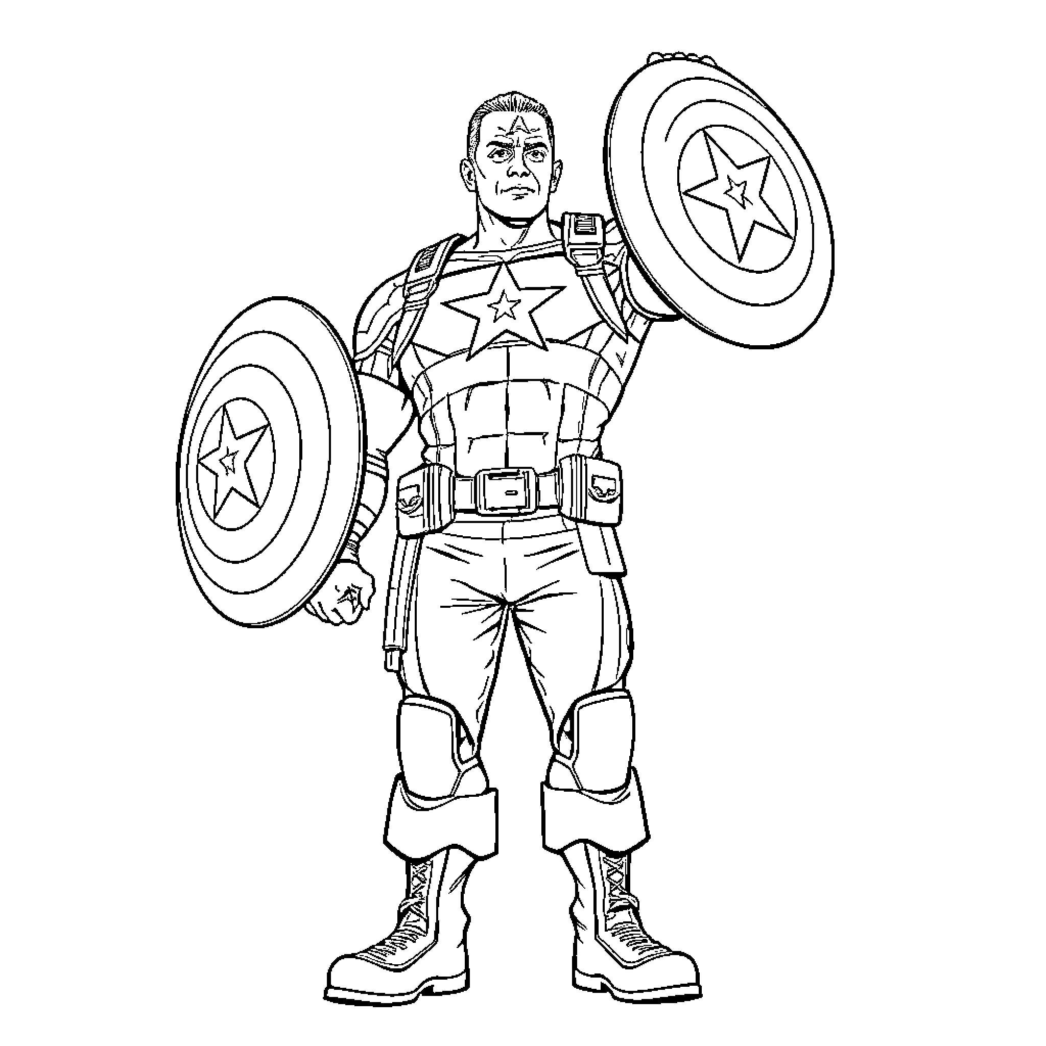 John Cena as Captain America in heroic pose Coloring Page (free black-and-white line drawing printable PDF for all, from beginners to advanced learners, including children, teens, adults, and seniors)