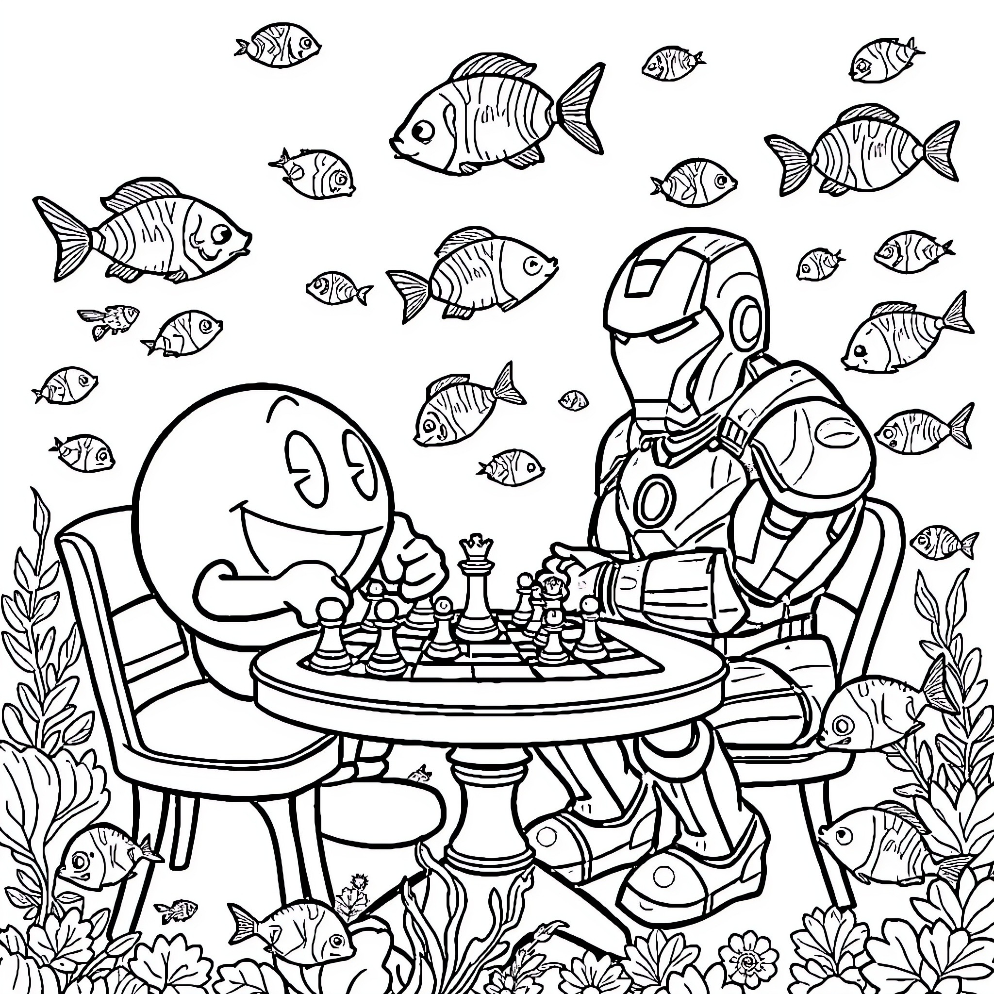 Pac-Man playing chess with a robot underwater Coloring Page (free black-and-white line drawing printable PDF for all, from beginners to advanced learners, including children, teens, adults, and seniors)