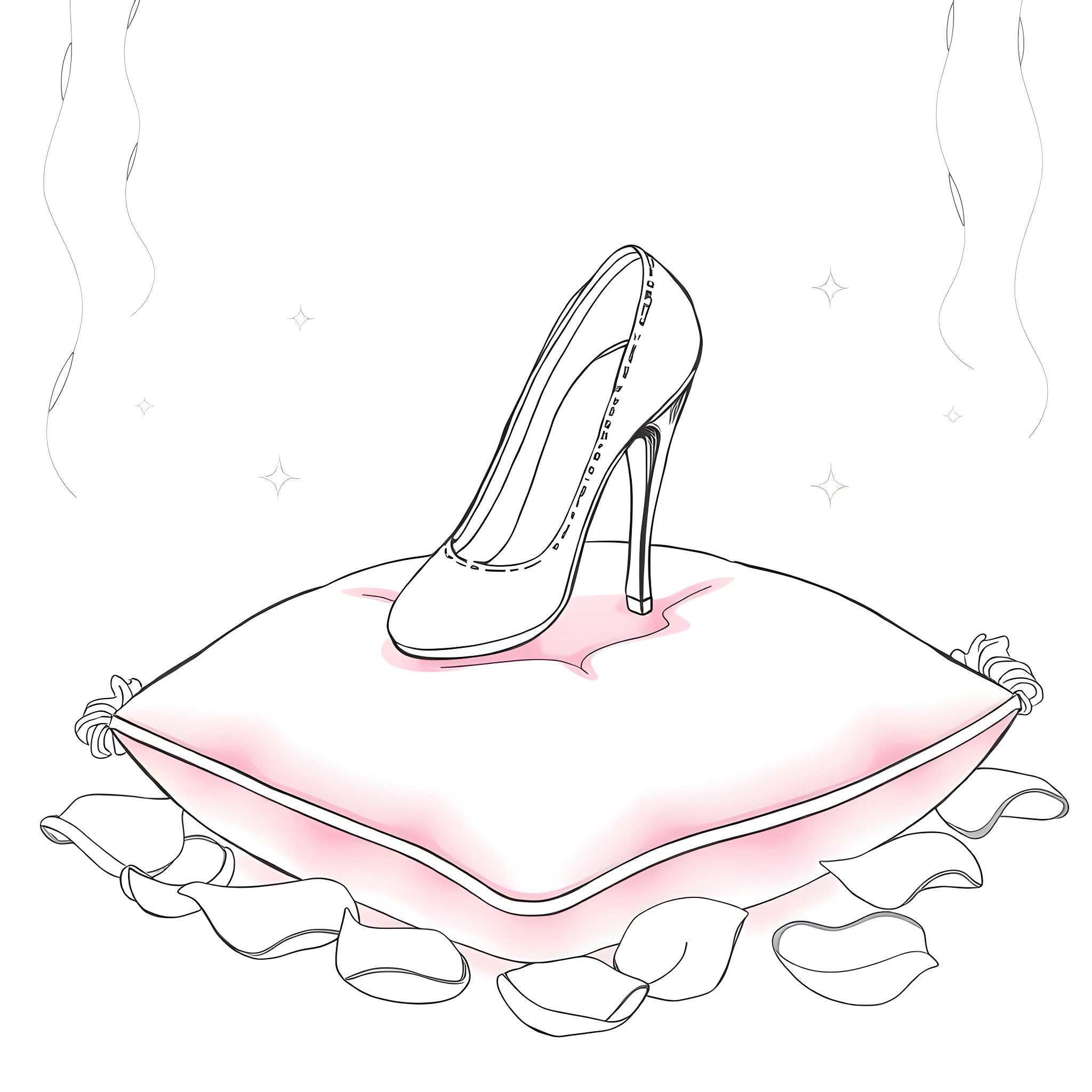 Cinderella's Glass Slipper on a Cushion Coloring Page (free black-and-white line drawing printable PDF for all, from beginners to advanced learners, including children, teens, adults, and seniors)