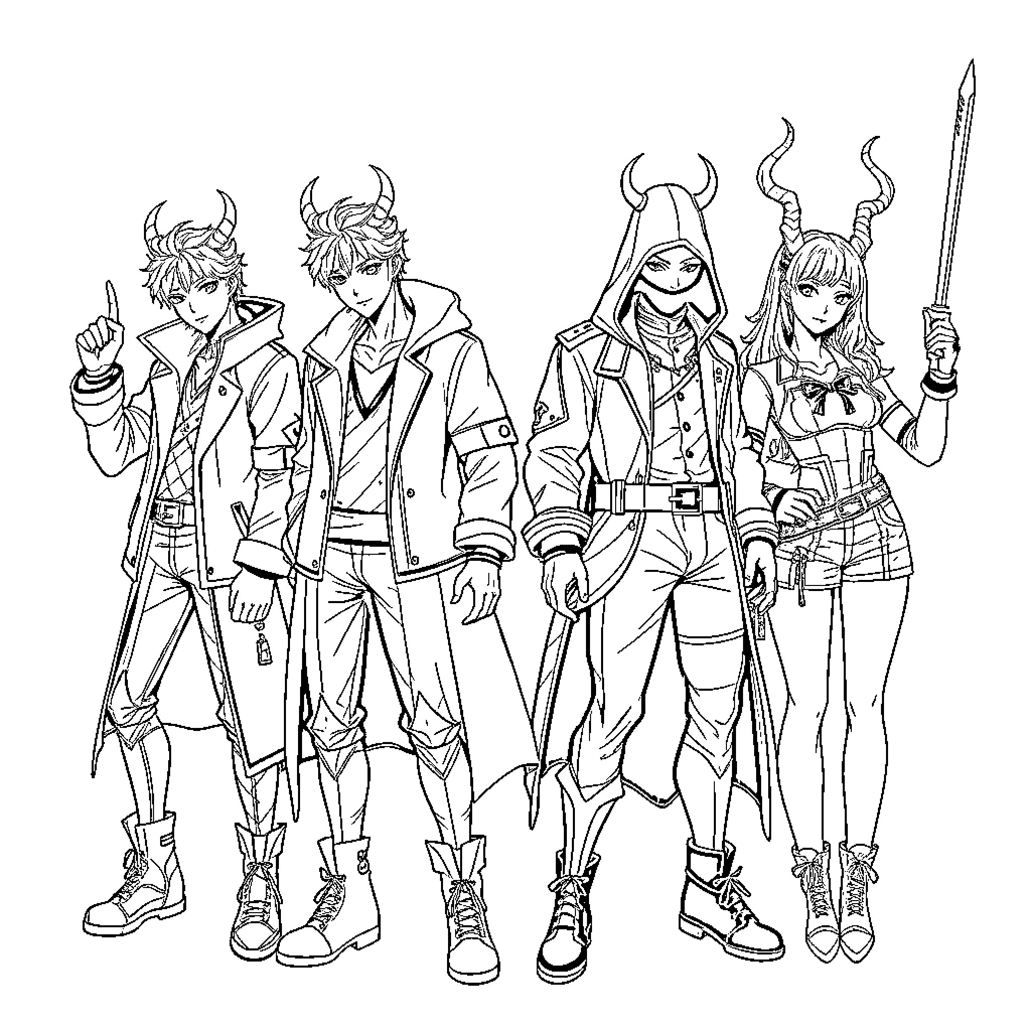 Demon Hunter Squad in Commanding Poses Coloring Page (free black-and-white line drawing printable PDF for all, from beginners to advanced learners, including children, teens, adults, and seniors)