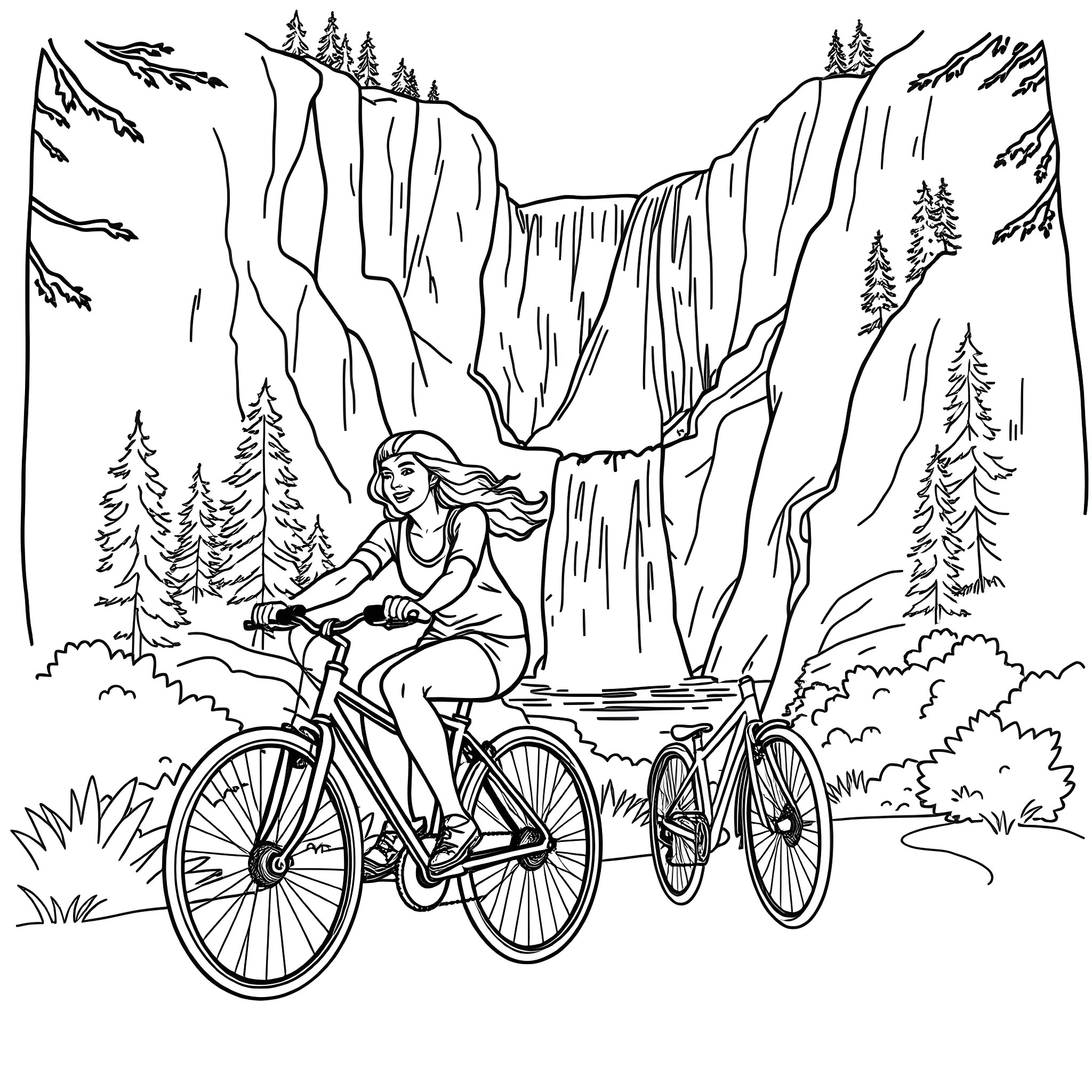 Lady biking through scenic mountain landscape Coloring Page (free black-and-white line drawing printable PDF for all, from beginners to advanced learners, including children, teens, adults, and seniors)