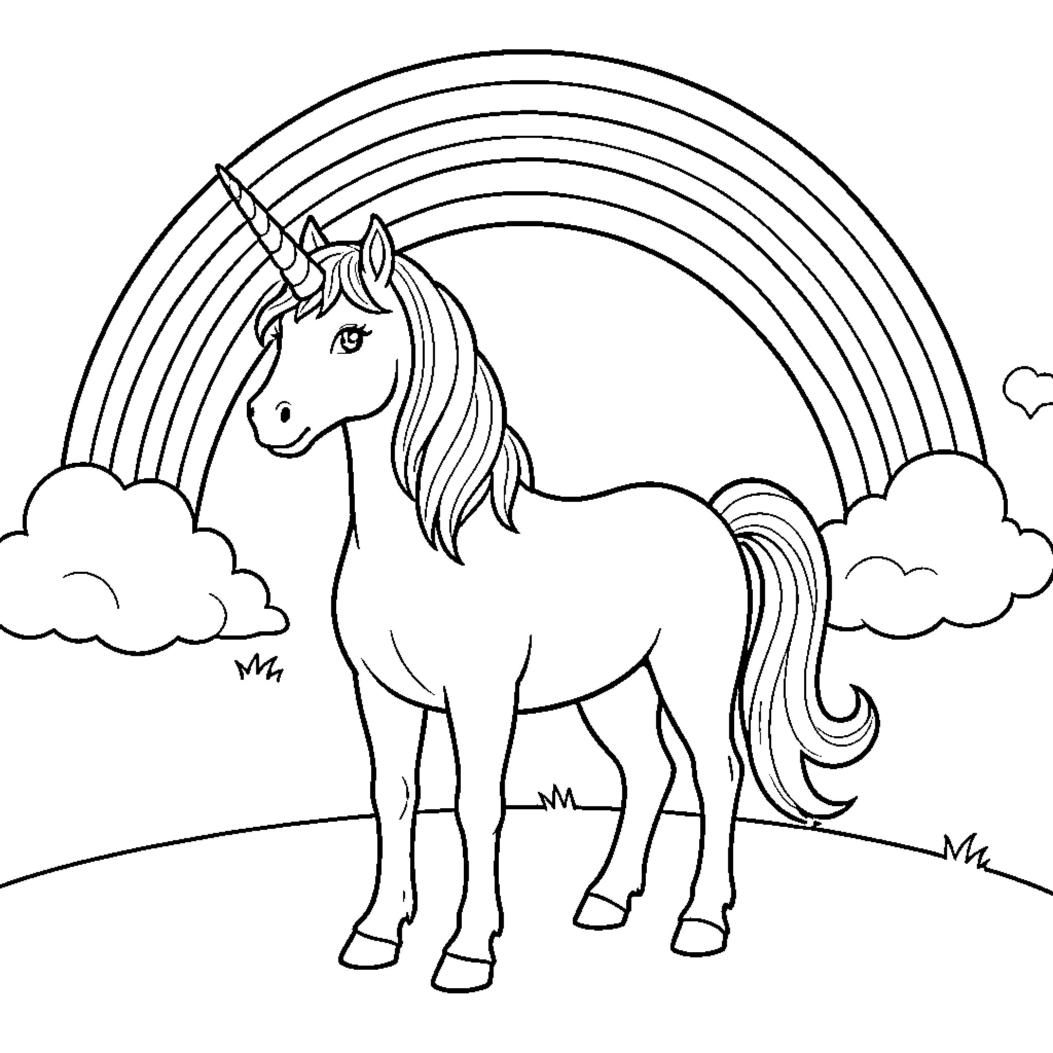 Unicorn standing gracefully under a beautiful rainbow Coloring Page (free black-and-white line drawing printable PDF for all, from beginners to advanced learners, including children, teens, adults, and seniors)