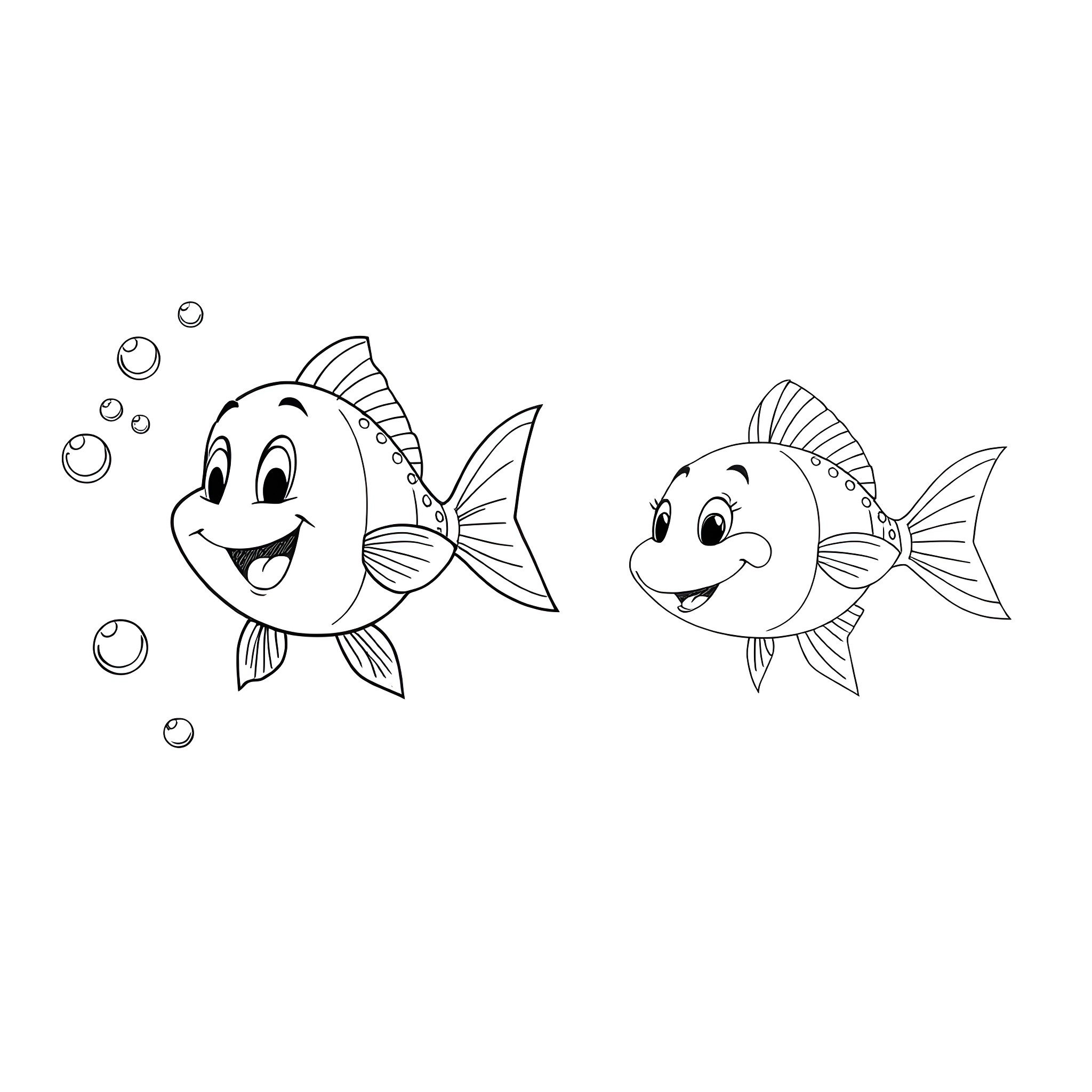 Fish playing happily with bubbles Coloring Page (free black-and-white line drawing printable PDF for all, from beginners to advanced learners, including children, teens, adults, and seniors)
