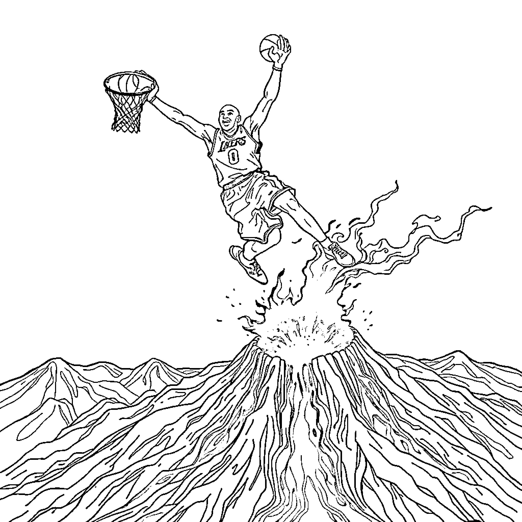 Kobe Bryant's Fiery Dunk over Mountainous Landscape Coloring Page (free black-and-white line drawing printable PDF for all, from beginners to advanced learners, including children, teens, adults, and seniors)