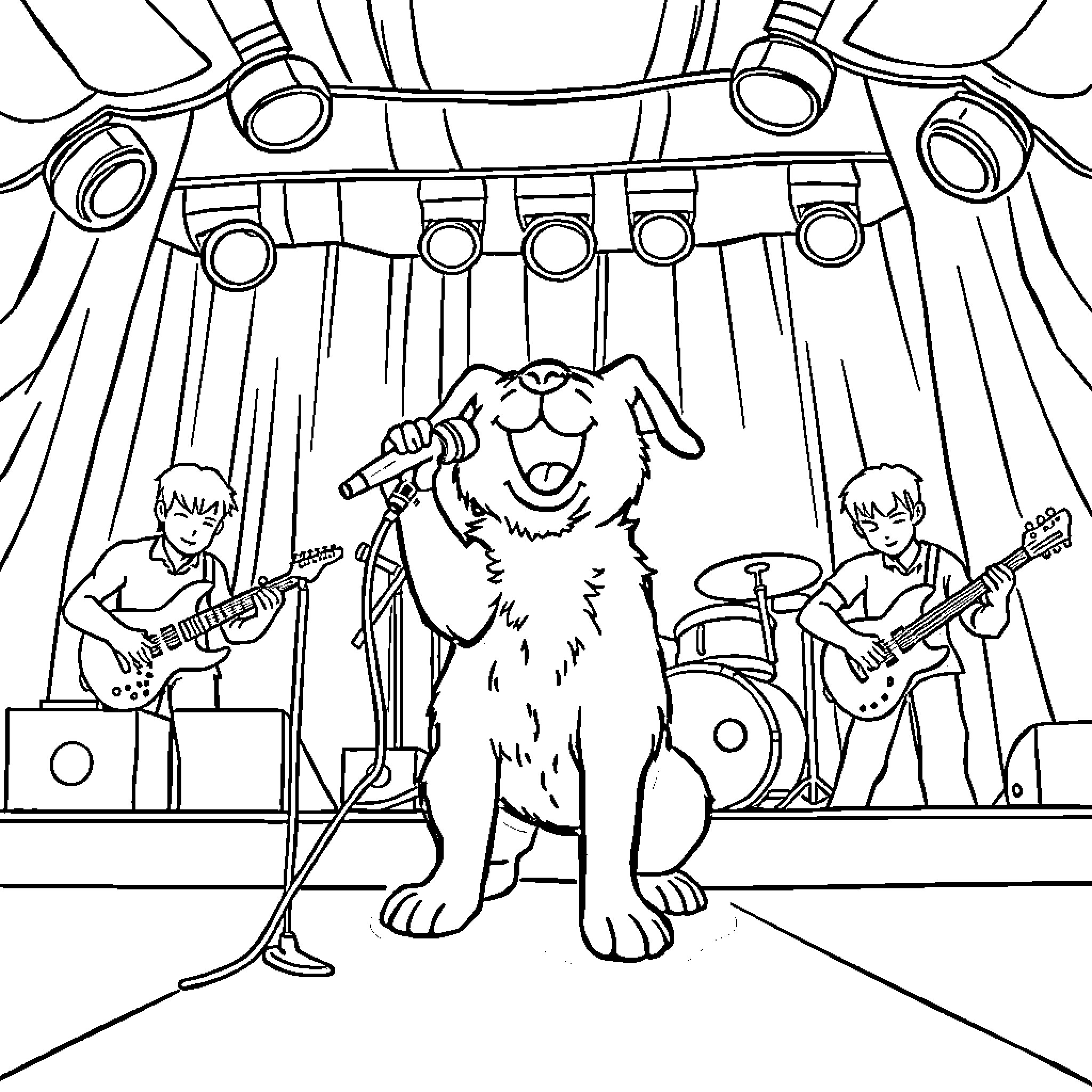 Dog Performing on Stage with Musicians Coloring Page (free black-and-white line drawing printable PDF for all, from beginners to advanced learners, including children, teens, adults, and seniors)