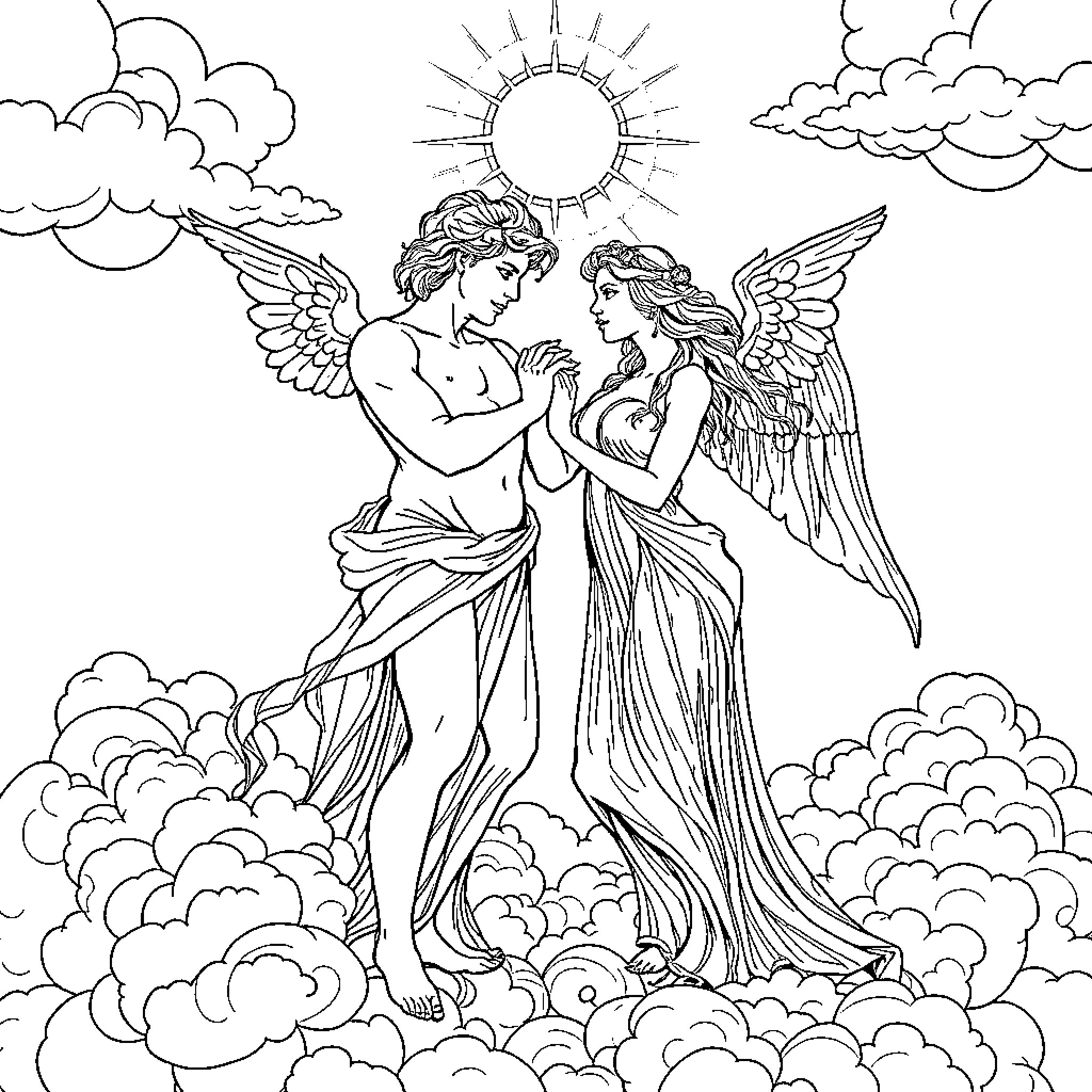 Pollon's Celestial Embrace Coloring Page (free black-and-white line drawing printable PDF for all, from beginners to advanced learners, including children, teens, adults, and seniors)